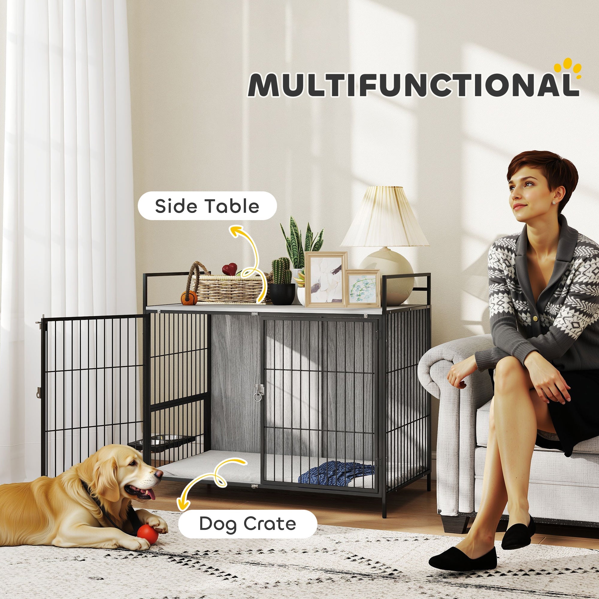 PawHut Large Dog Crate Furniture with Rotating Bowl Holder, 2 Bowls, 2 Doors, for Large Dogs, 100 x 60 x 88 cm, Grey