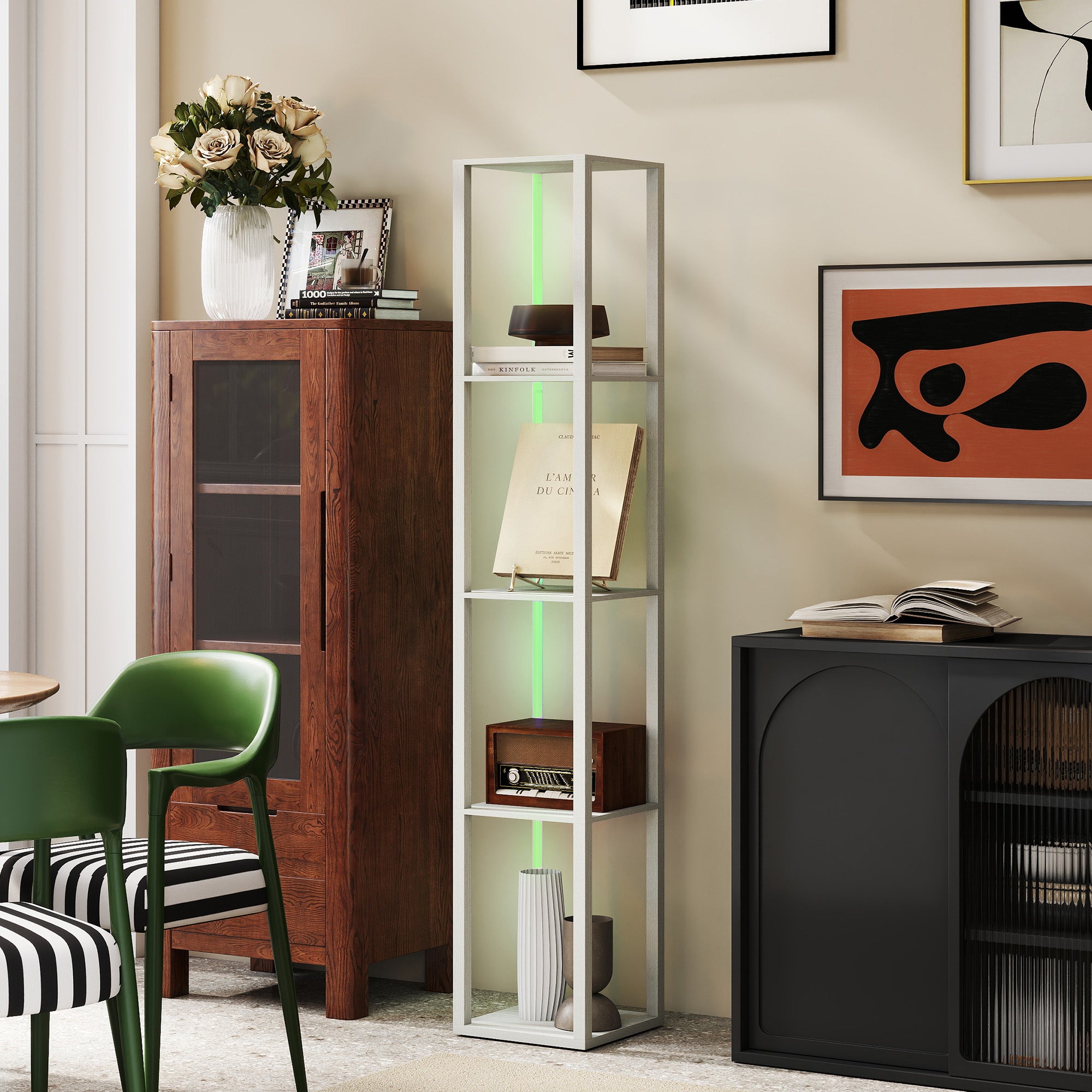 HOMCOM RGB LED Floor Lamp with Shelves, Modern Dimmable Standing Lamp with Remote Control, Adjustable Brightness & Speed for Living Room, Bedroom, Office, Oak