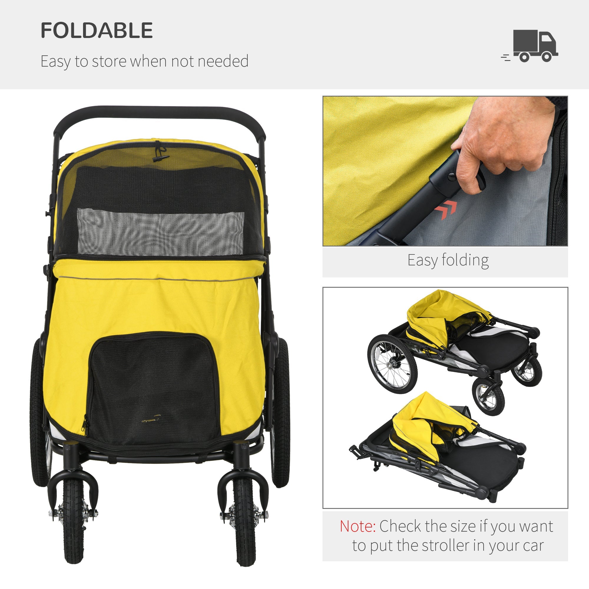 PawHut Foldable Pet Stroller, with Washable Cushion, Storage Bags, Safety Leash, for Medium, Large Dogs, Cats - Yellow