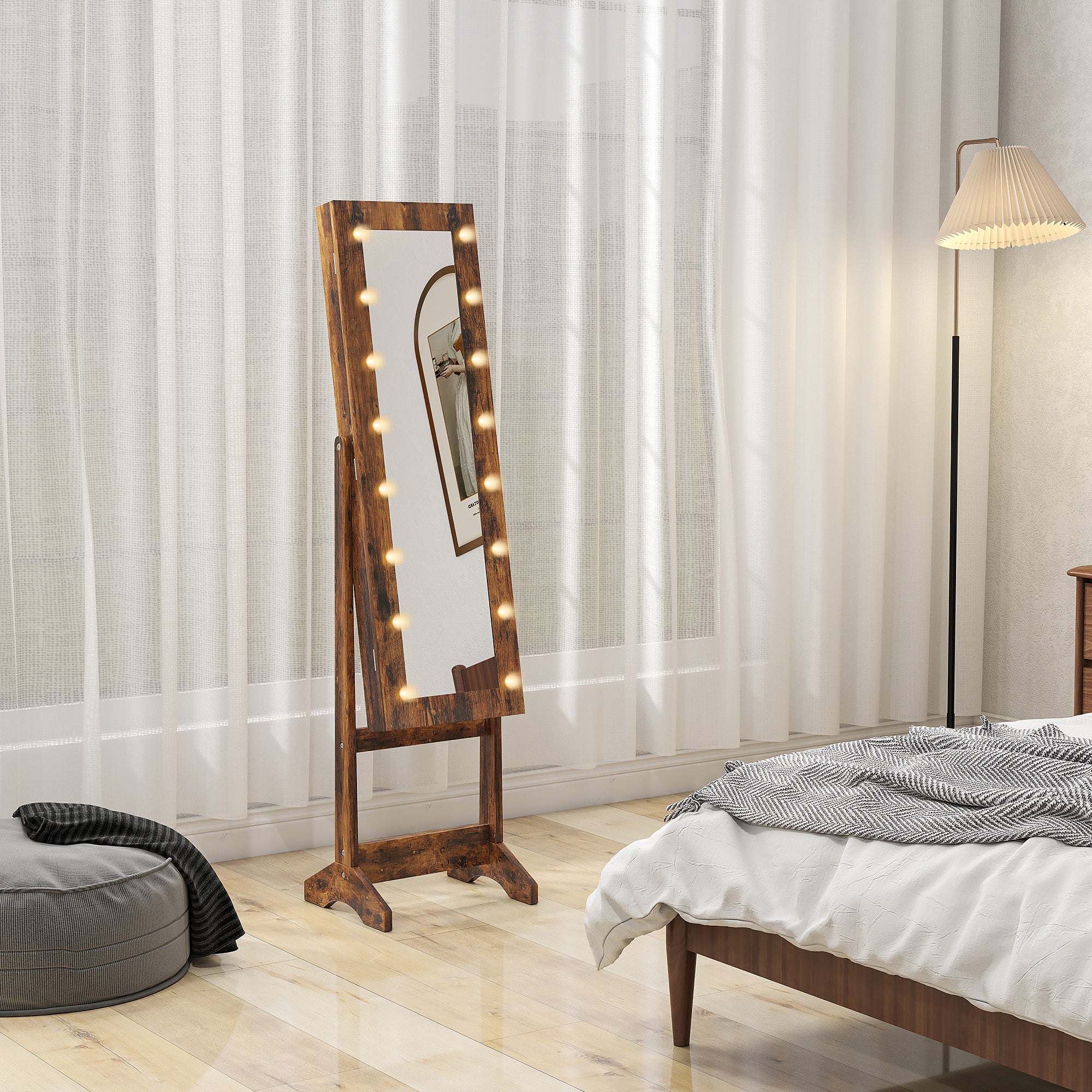 HOMCOM Freestanding Mirror Jewelry Cabinet with LED Lights, Jewellery Organiser with 3 Angle Adjustable, Full-Length Mirror with Storage for Earrings, Necklaces, Rings and Lipsticks, Rustic Brown