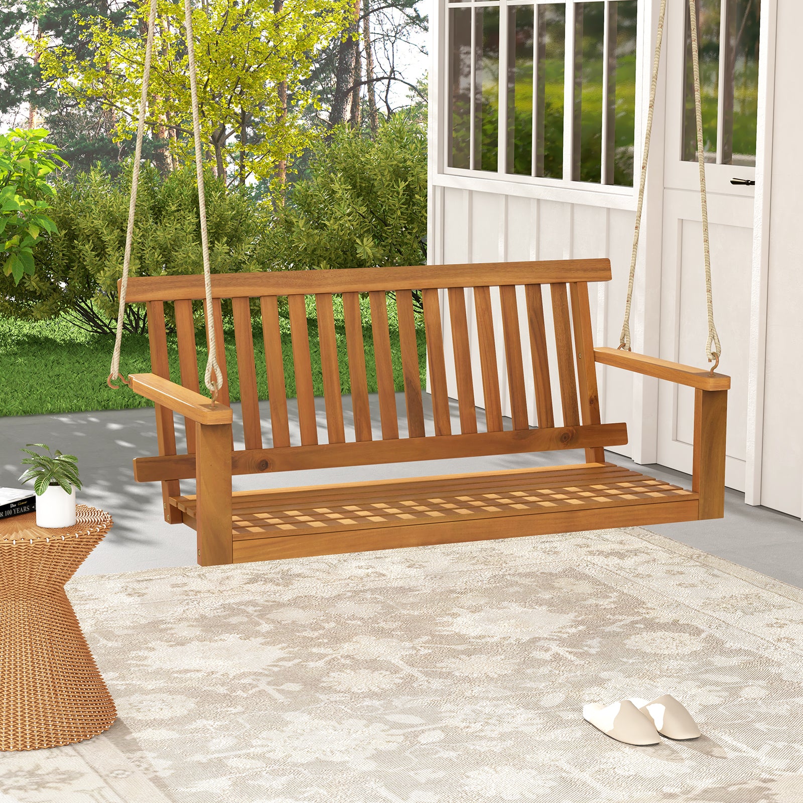Acacia Wood Porch Swing with Slatted Seat and Backrest