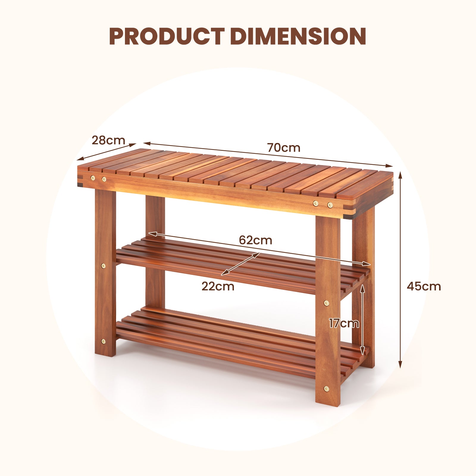 Acacia Wood Shoe Rack Bench 3-Tier Shoe Organizer Storage Shelf-M