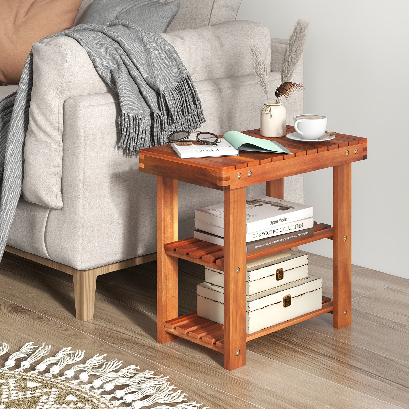 Acacia Wood Shoe Rack Bench 3-Tier Shoe Organizer Storage Shelf-S