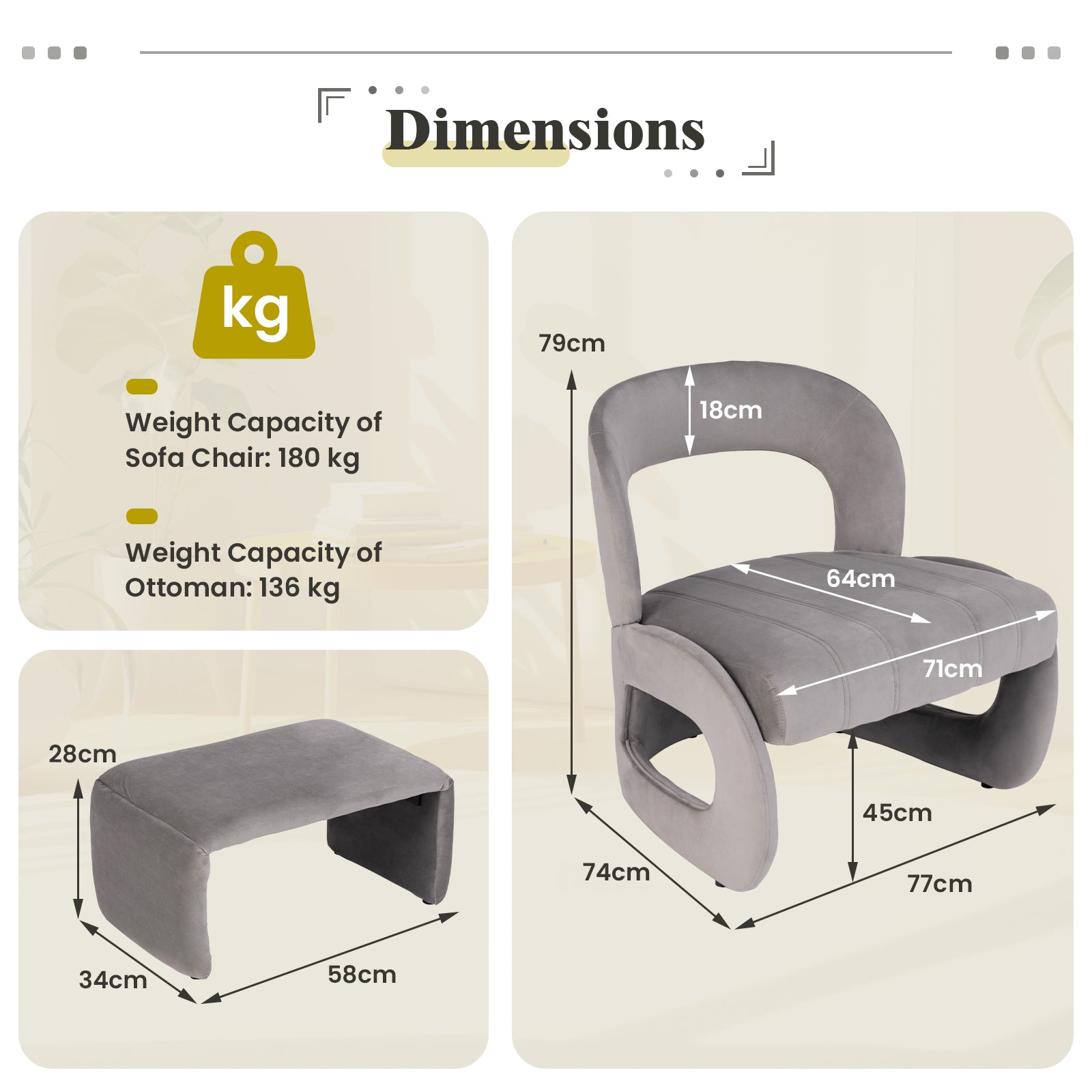 Accent Chair with Ottoman and Open Curved Back-Grey