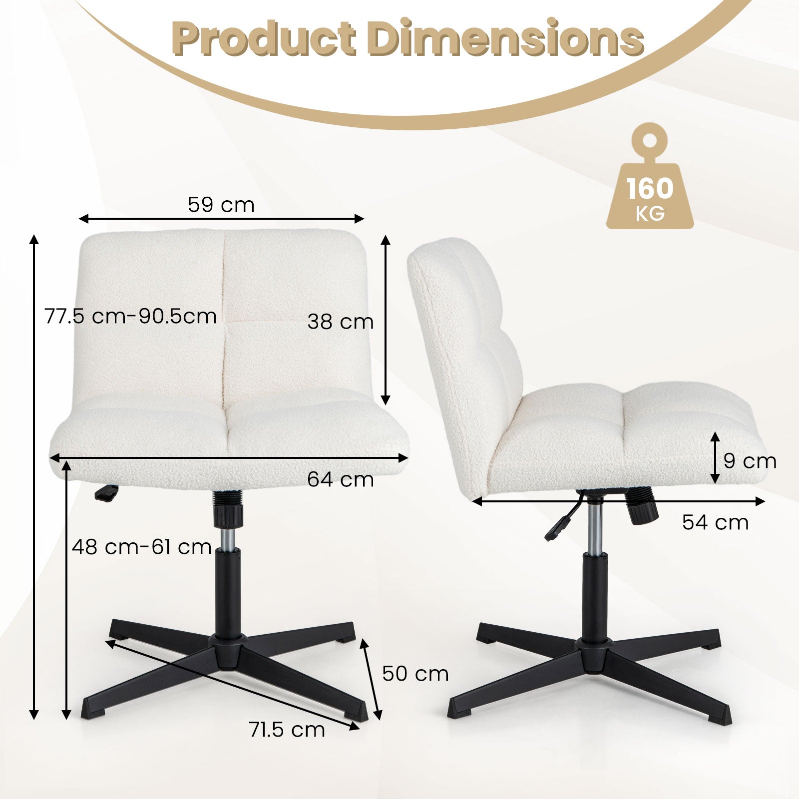Adjustable Armless Office Chair with Imitation Lamb Fleece-Cream White