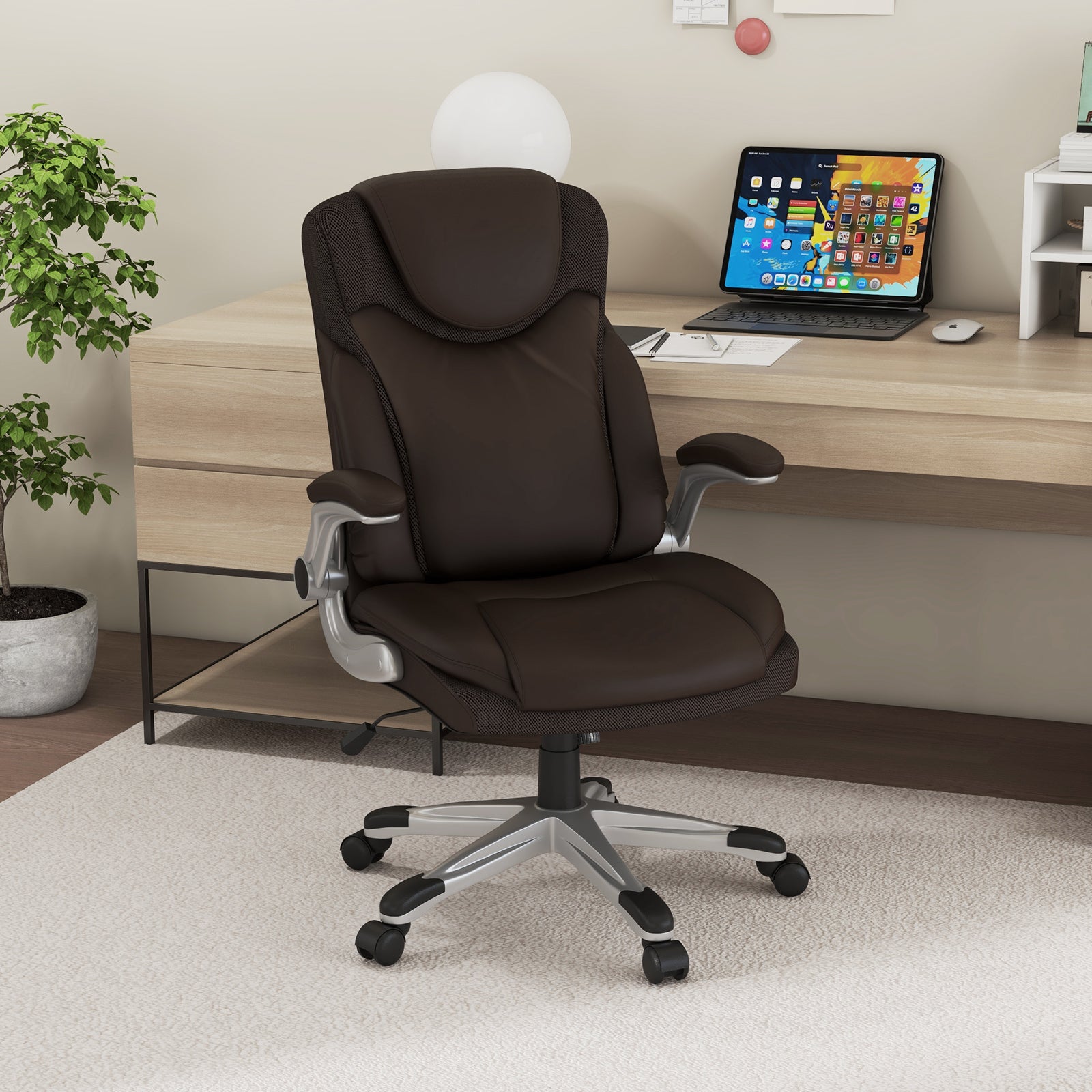 Adjustable Executive Office Chair PU Leather with Rocking Function and Armrests-Brown