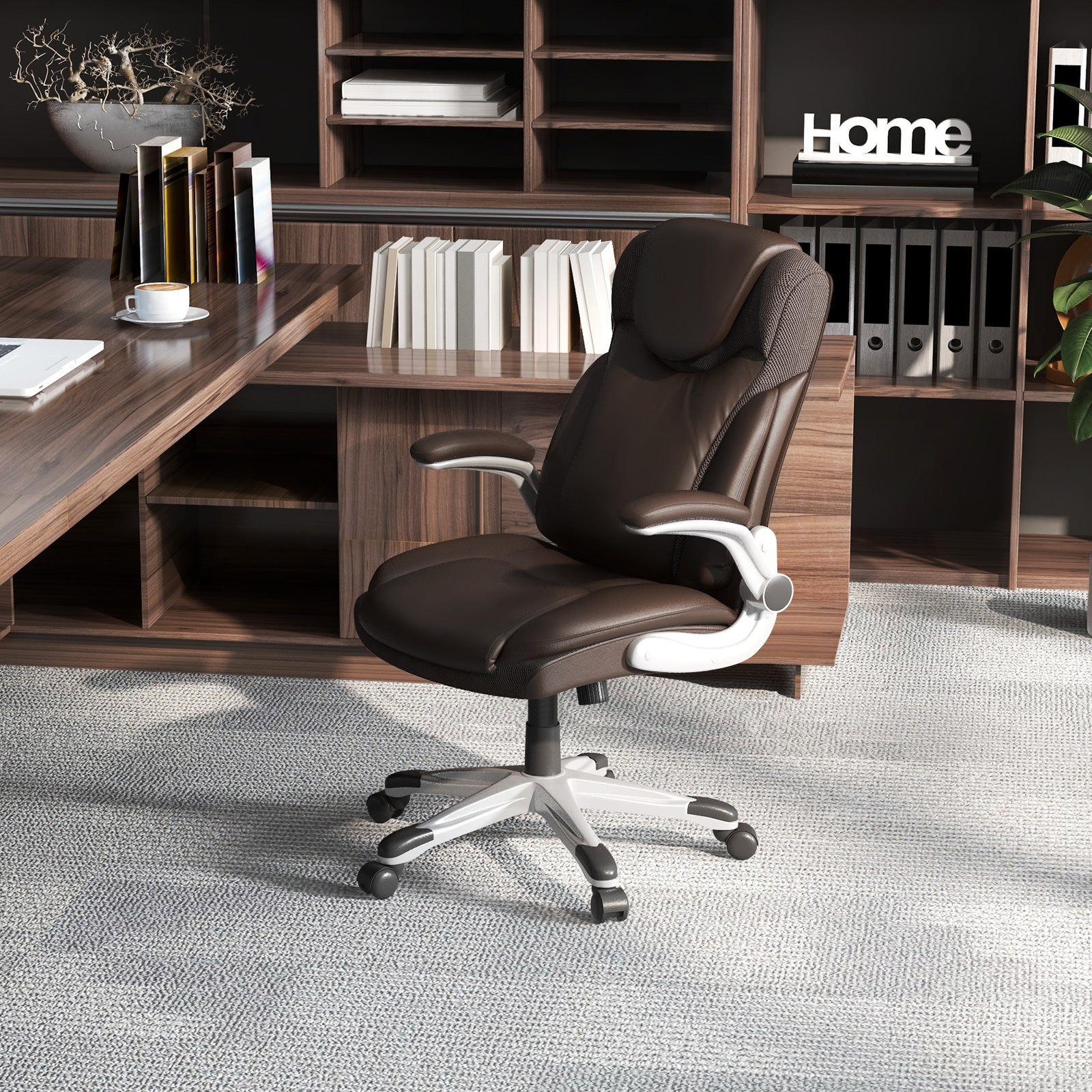 Adjustable Executive Office Chair PU Leather with Rocking Function and Armrests-Brown
