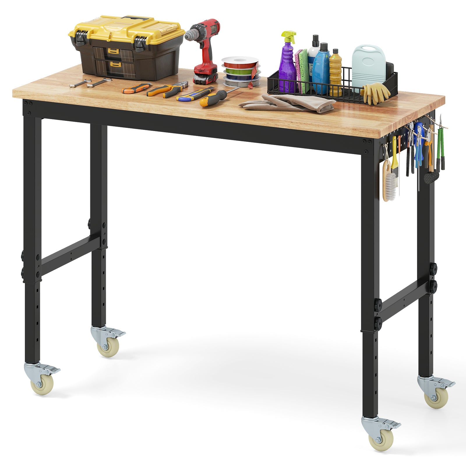 Adjustable Workbench with Wheels and Heavy-Duty Metal Frame-Natural