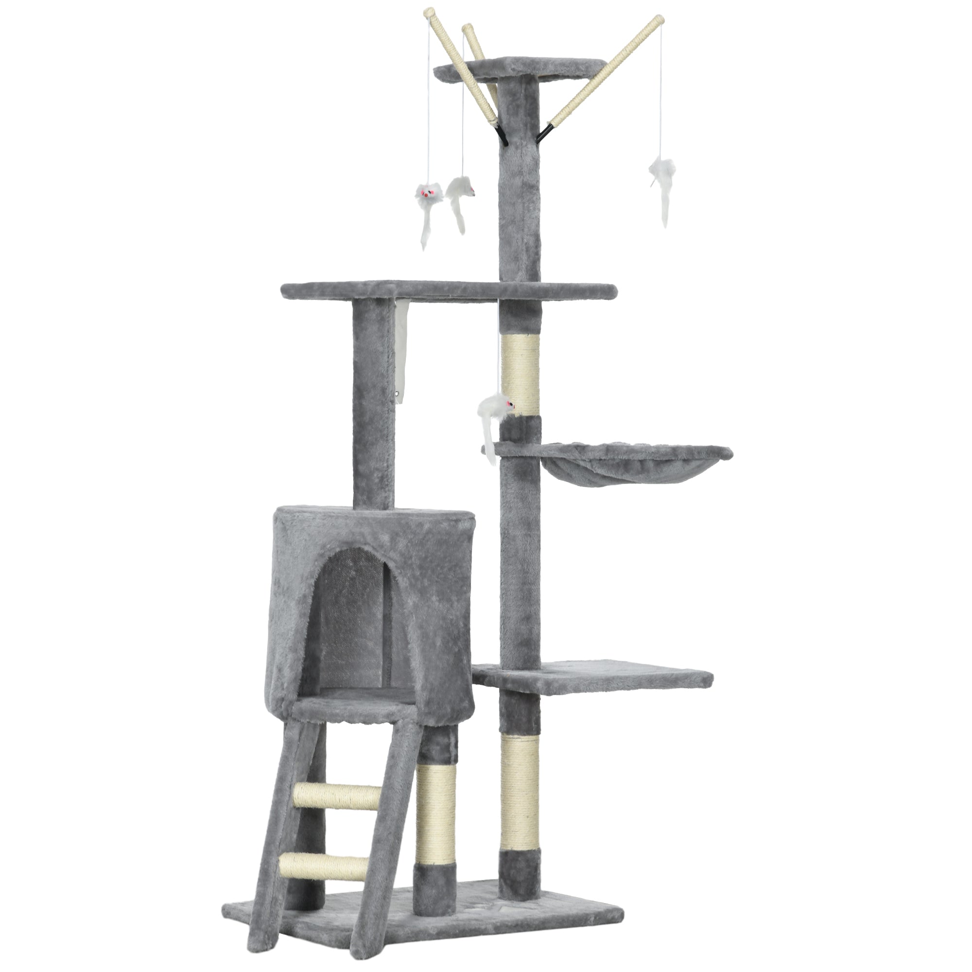 PawHut Cat Scratching Post Cat Tree for Indoor Cats Climbing Tower Scratcher w/ Ladder Kitty Activity Centre 135cm Grey