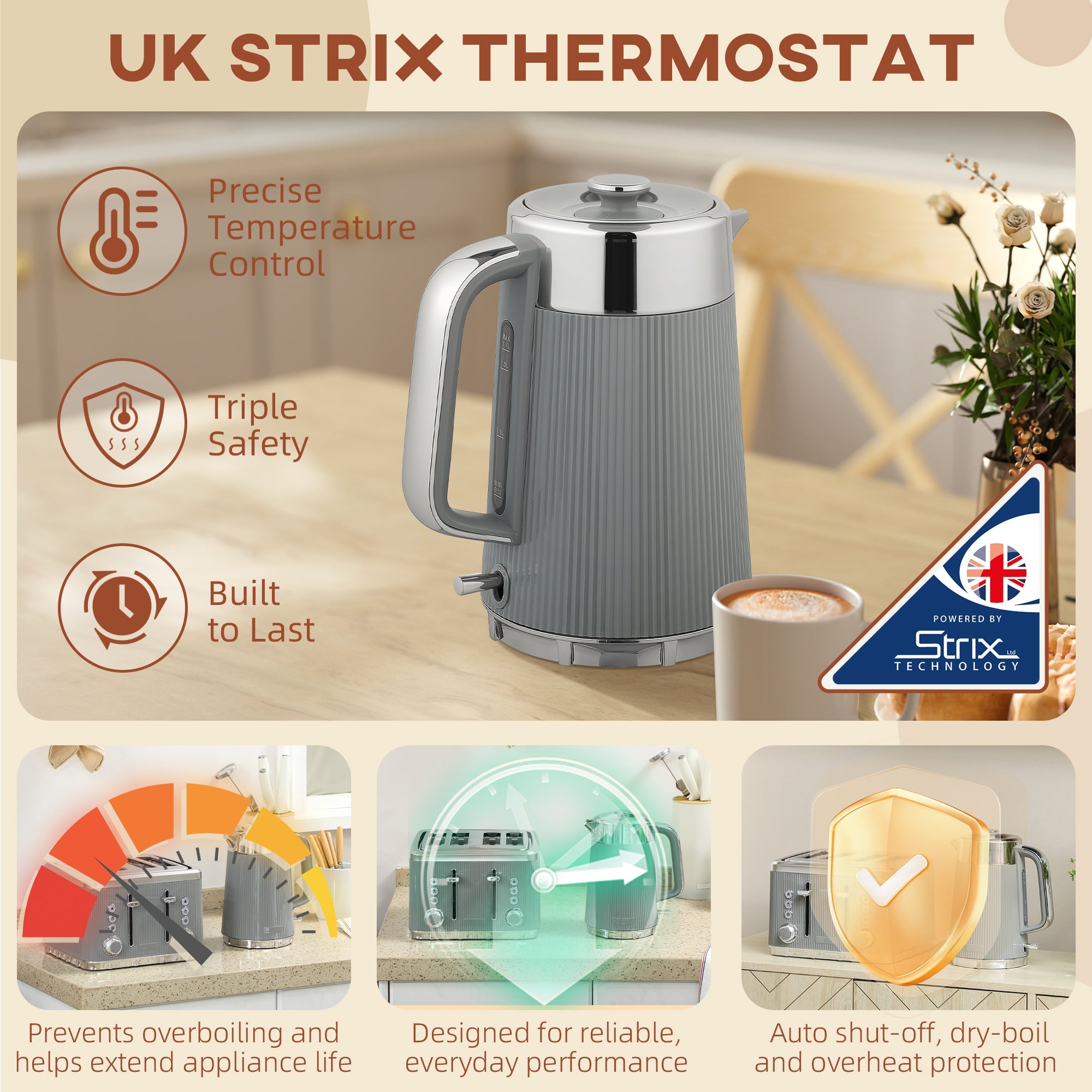 HOMCOM Electric Kettle and Toaster Set, 3000W 1.7L UK Strix Thermostat Rapid Boil Jug Kettle with Limescale Filter, Cool Touch Body, 4 Slice Toaster with 7 Browning Controls, Crumb Tray, Tan