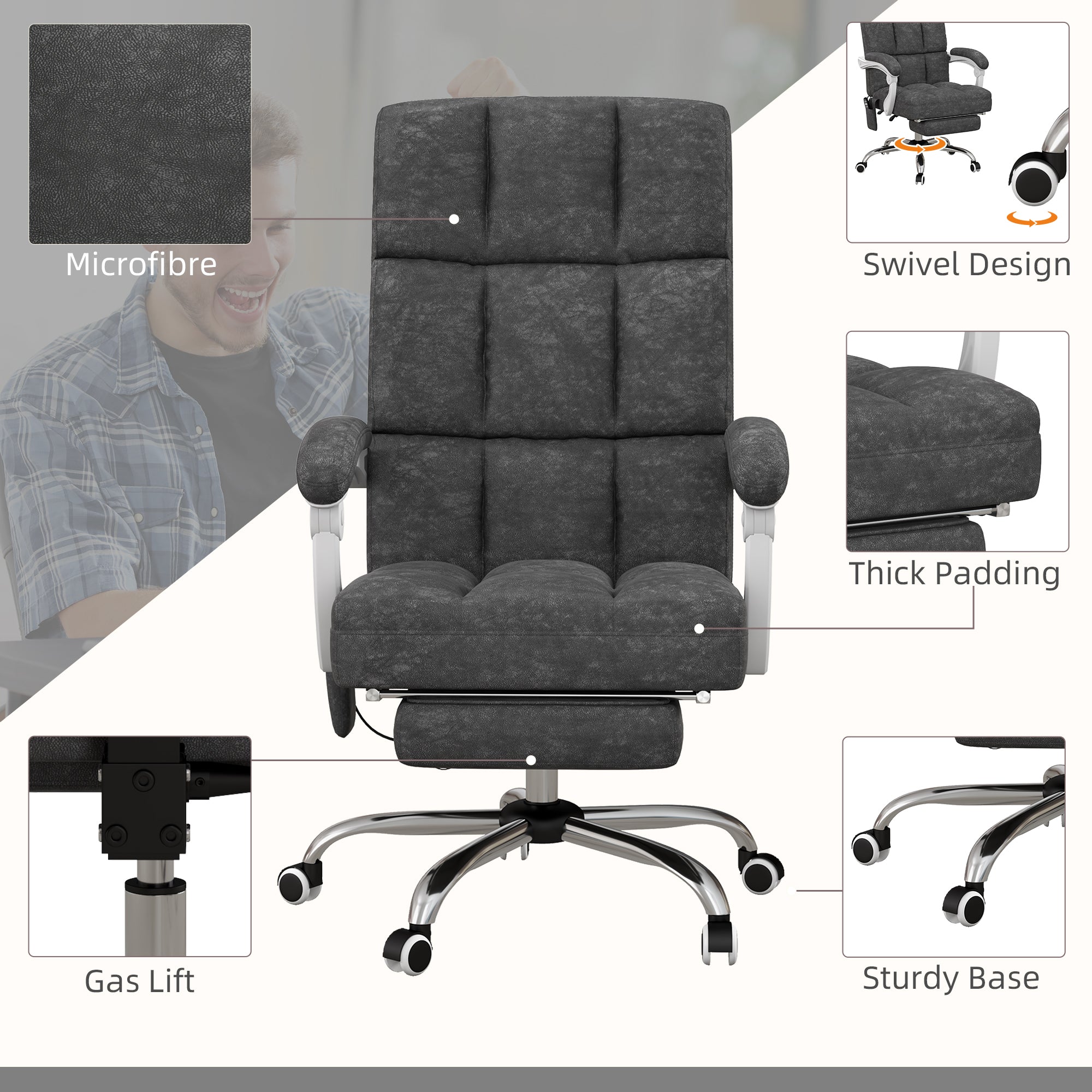 Vinsetto Massage Office Chair, Ergonomic Desk Chair, Comfy Work Study Chair with Heat, Padded Seat, 135√Ç¬∞ Reclining Back and Footrest for Home Office, Charcoal Grey