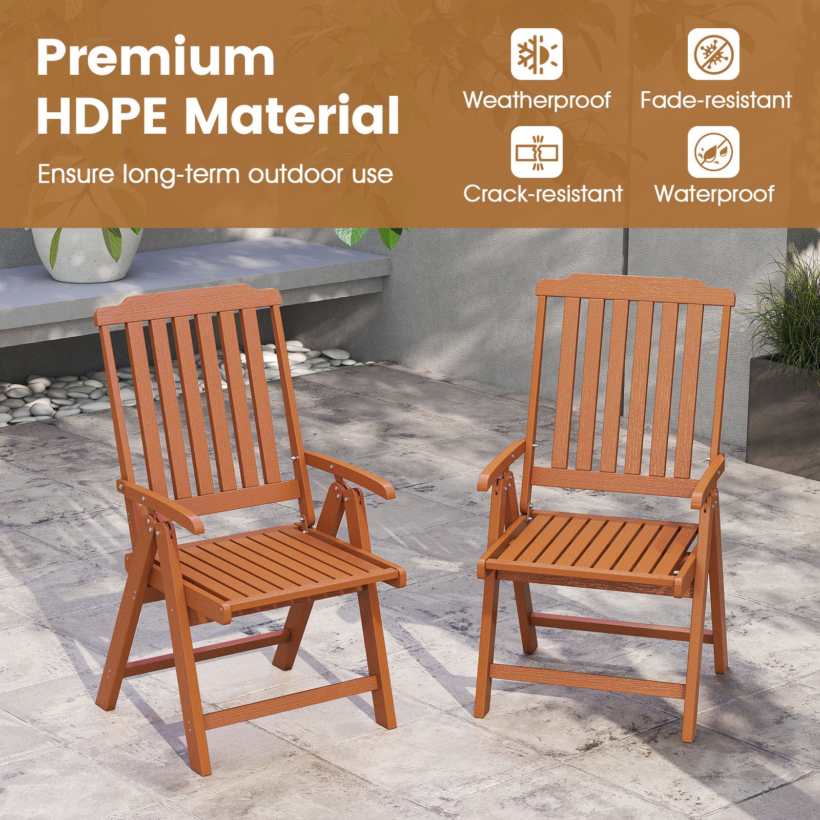 Foldable Patio Chair All-Weather HDPE Outdoor Dining Chair with Armrest-Brown