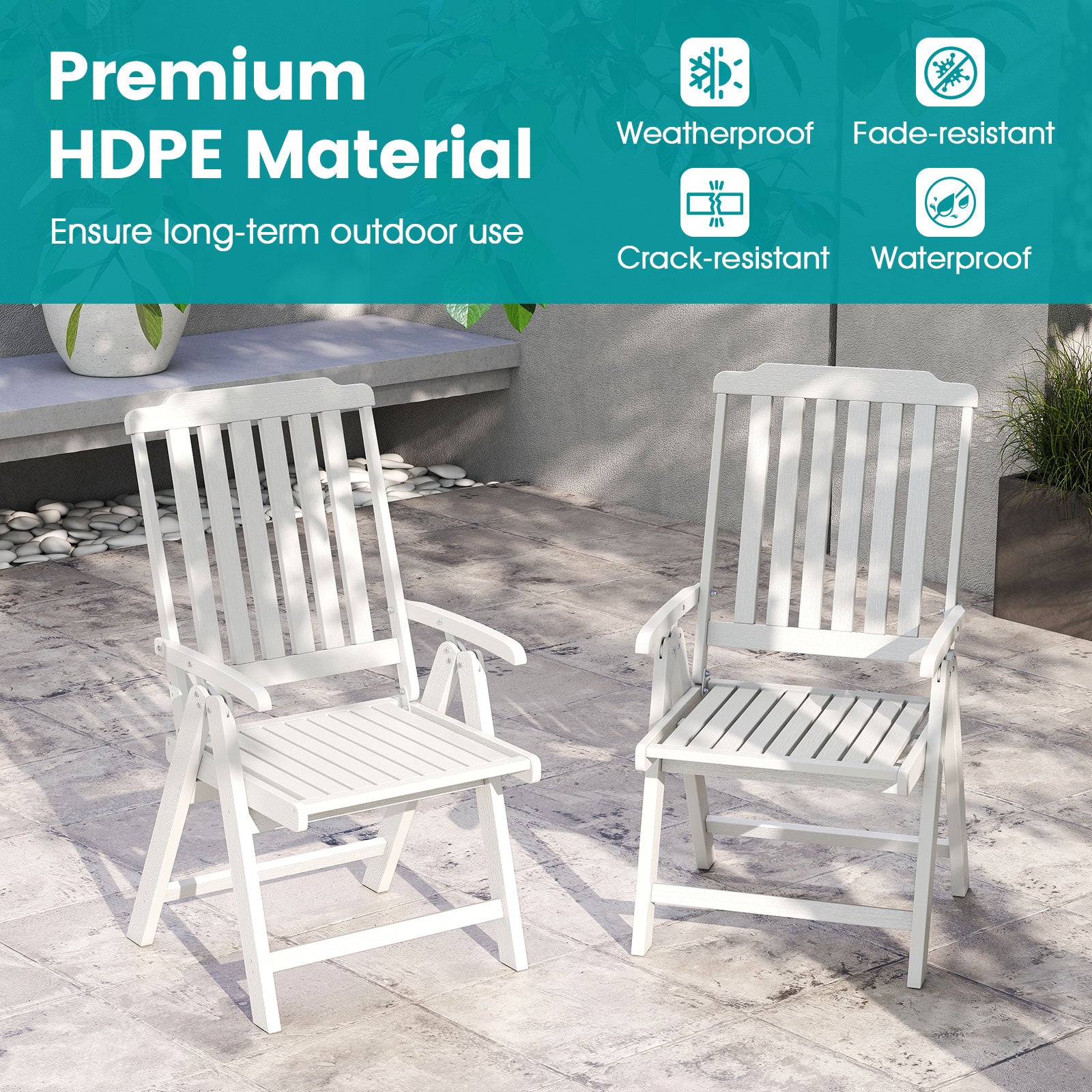Foldable Patio Chair All-Weather HDPE Outdoor Dining Chair with Armrest-White