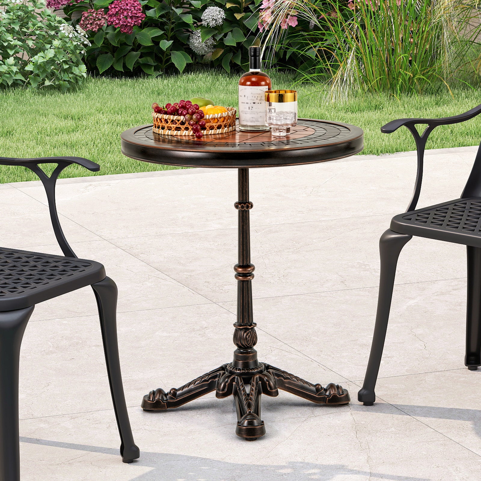 Round Patio Cast Aluminum Dining Table with Carved Texture-Bronze