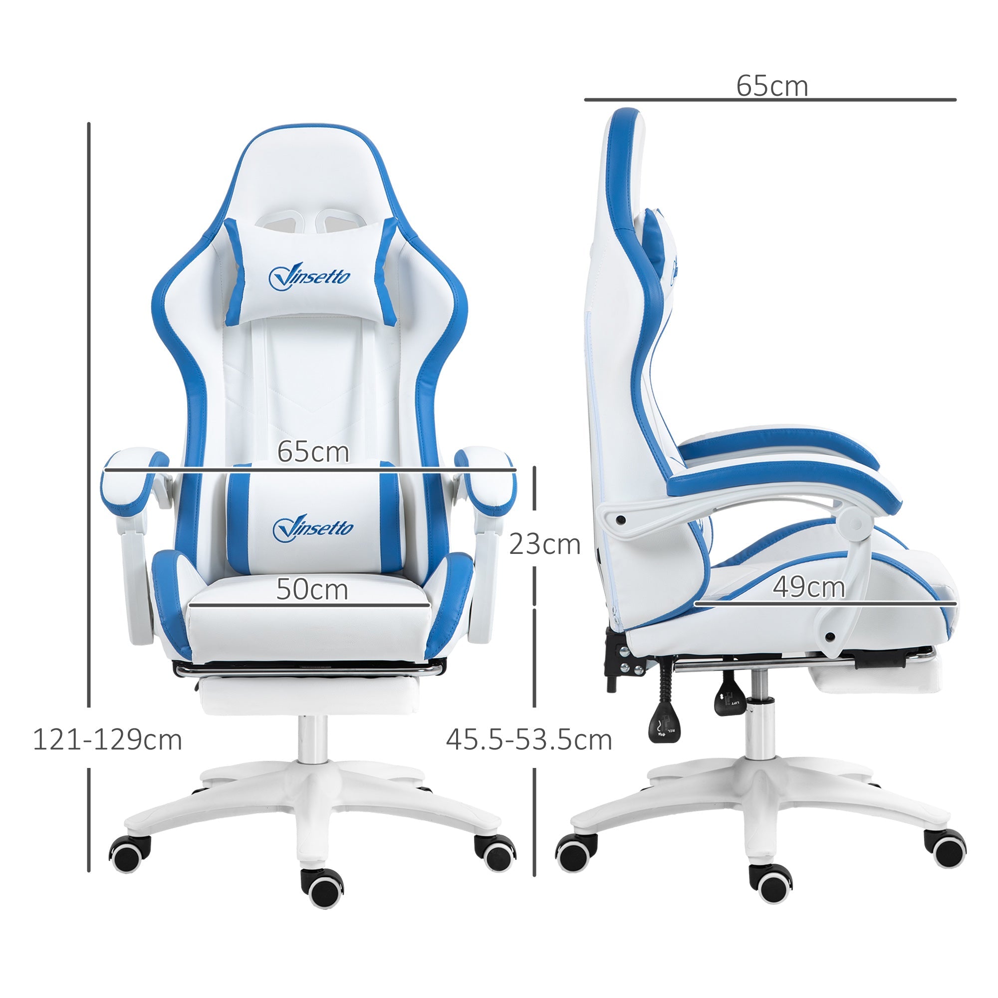Vinsetto Computer Gaming Chair, PU Leather Office Desk Chair with Footrest, Swivel Wheels, 135√Ç¬∞ Reclining Back, Lumbar Support, Headrest for Home, White and Blue