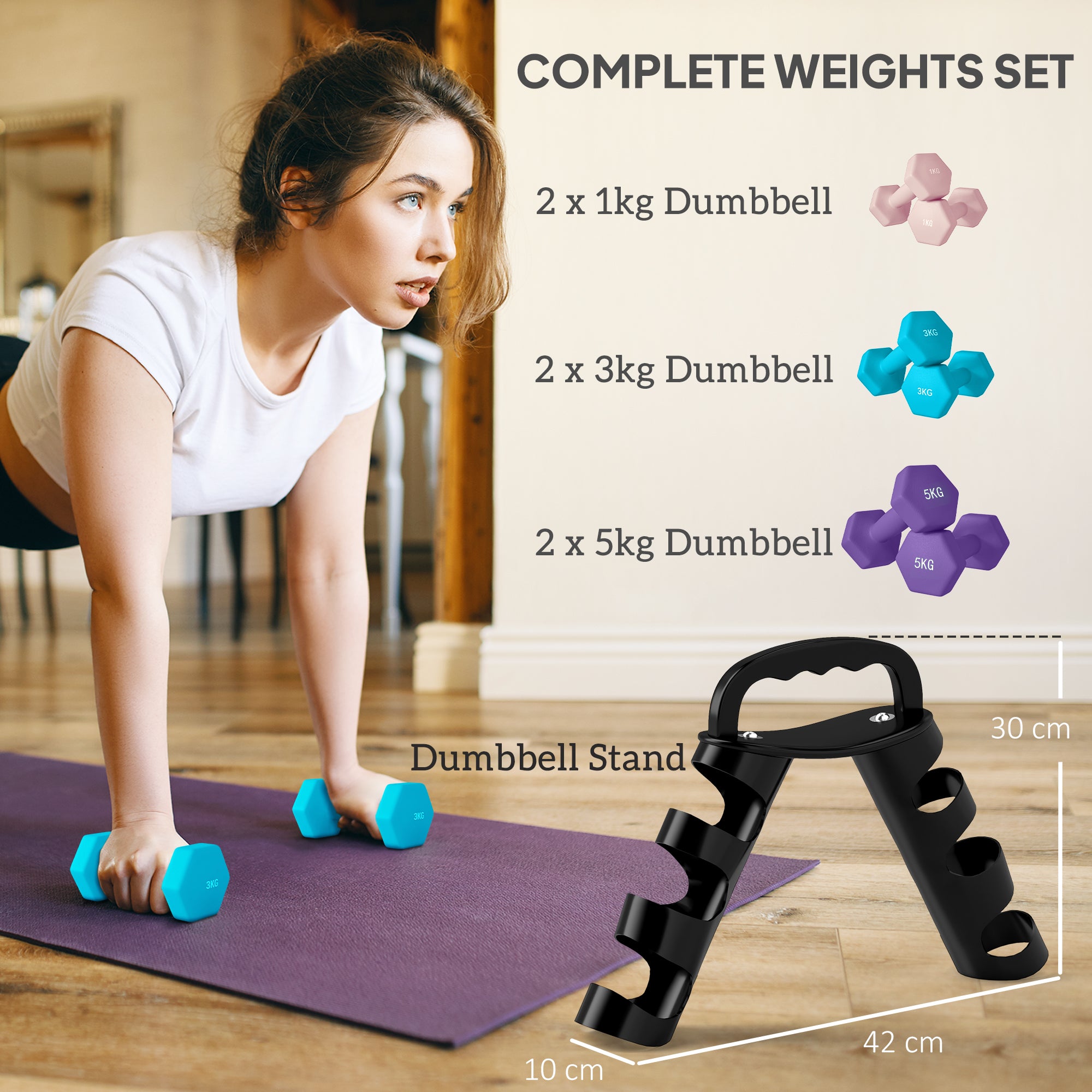 SPORTNOW Dumbbells Set with Storage Rack, 2 x 1kg, 2 x 3kg, 2 x 5kg, Pink