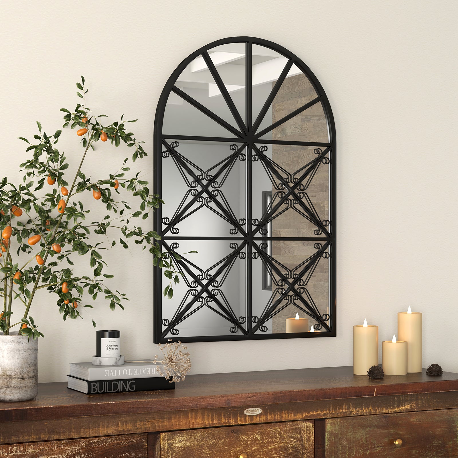 Arched Window Pane Decorative Mirror-Black