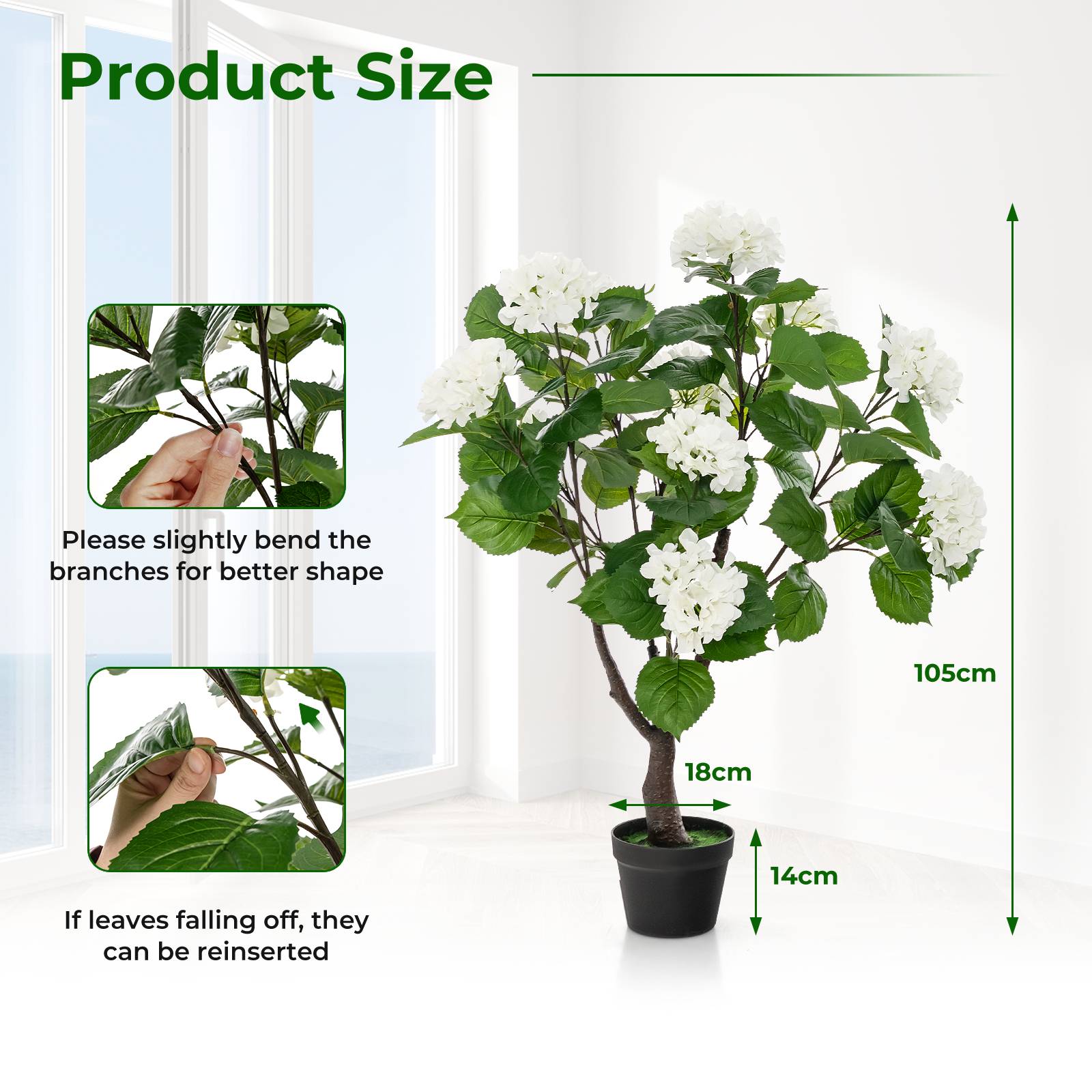 Artificial Hydrangea Tree with 11 White Flowers-2 Pieces