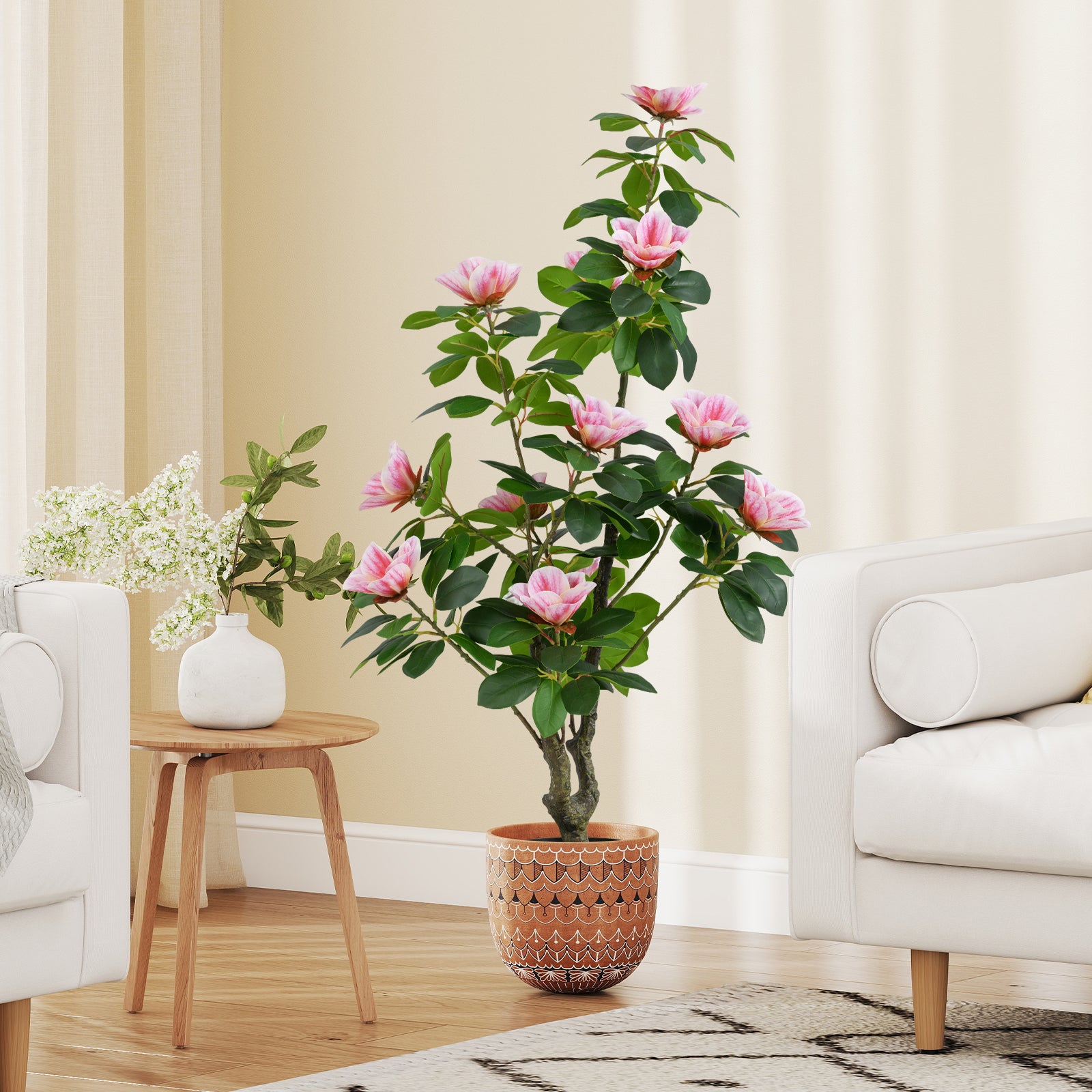 Artificial Magnolia Tree Faux Flower Plant in Nursery Pot-Pink