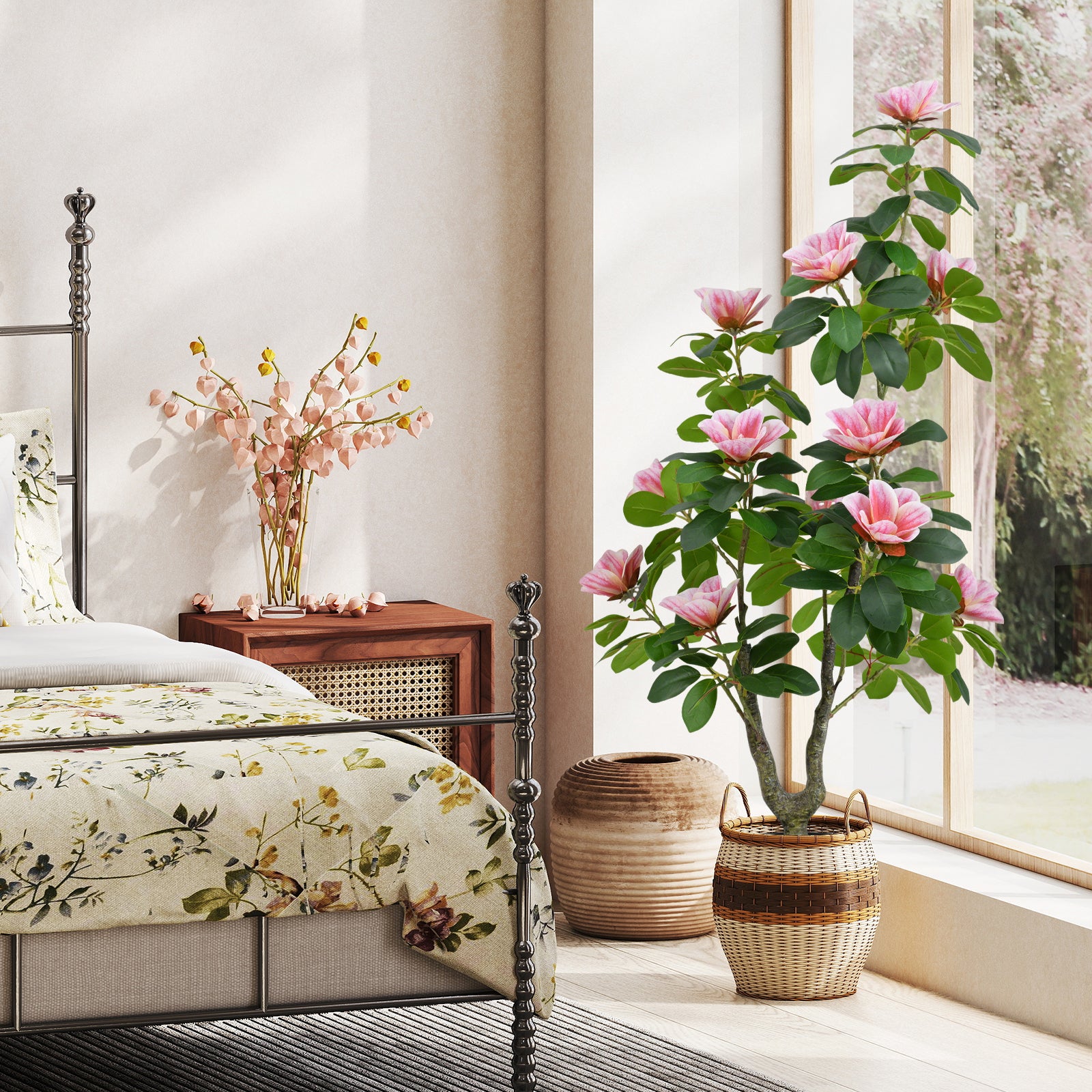 Artificial Magnolia Tree Faux Flower Plant in Nursery Pot-Pink