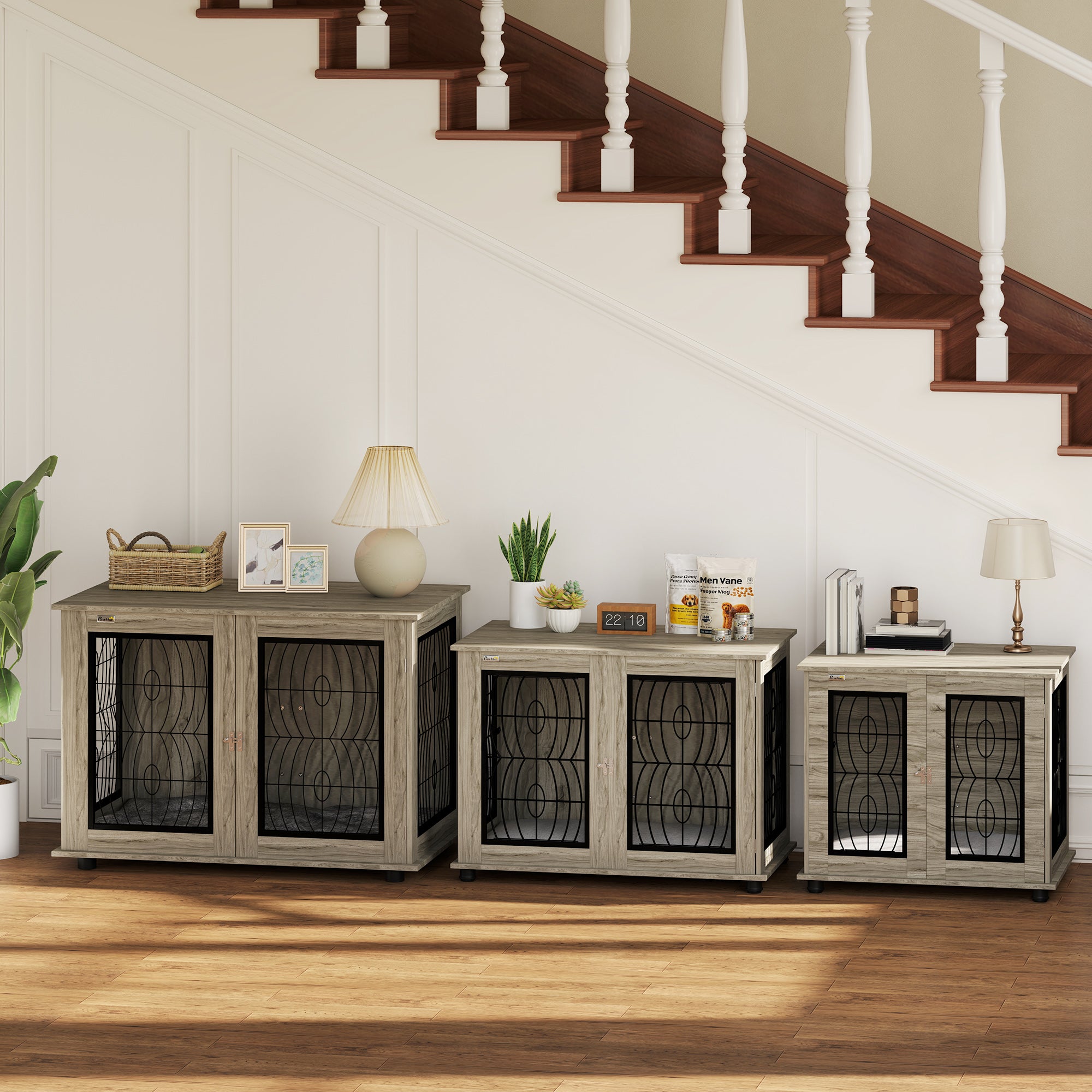 PawHut Indoor Dog Crate Furniture End Table with Soft Washable Cushion, Lockable Front Door, for Extra Large Dogs - Grey