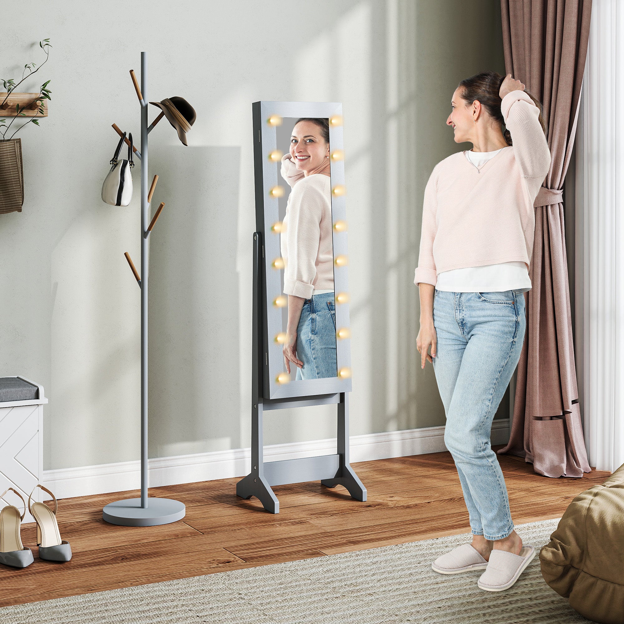 HOMCOM Freestanding Mirror Jewelry Cabinet with LED Lights, Jewellery Organiser with 3 Angle Adjustable, Full-Length Mirror with Storage for Earrings, Necklaces, Rings and Lipsticks, Grey