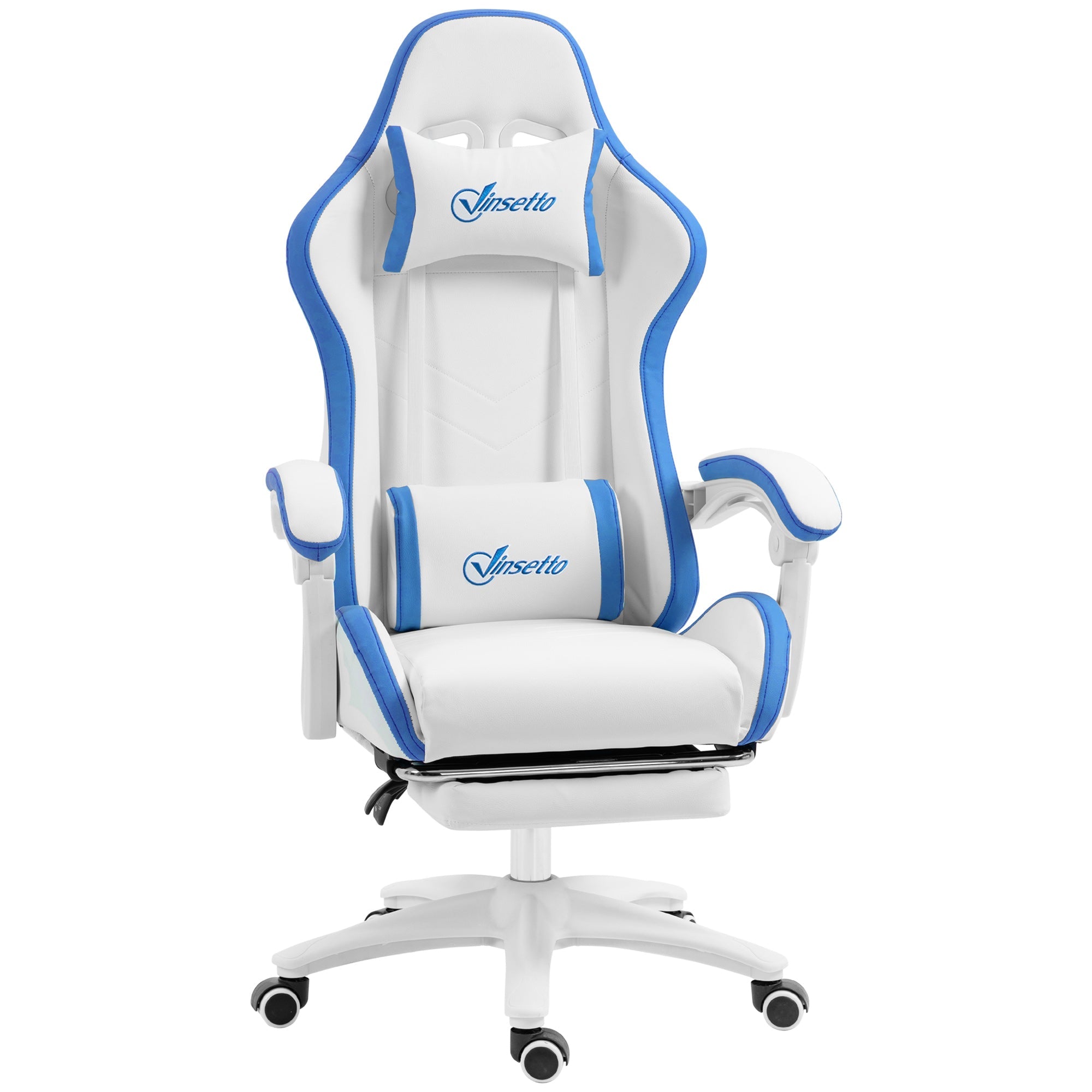 Vinsetto Computer Gaming Chair, PU Leather Office Desk Chair with Footrest, Swivel Wheels, 135√Ç¬∞ Reclining Back, Lumbar Support, Headrest for Home, White and Blue