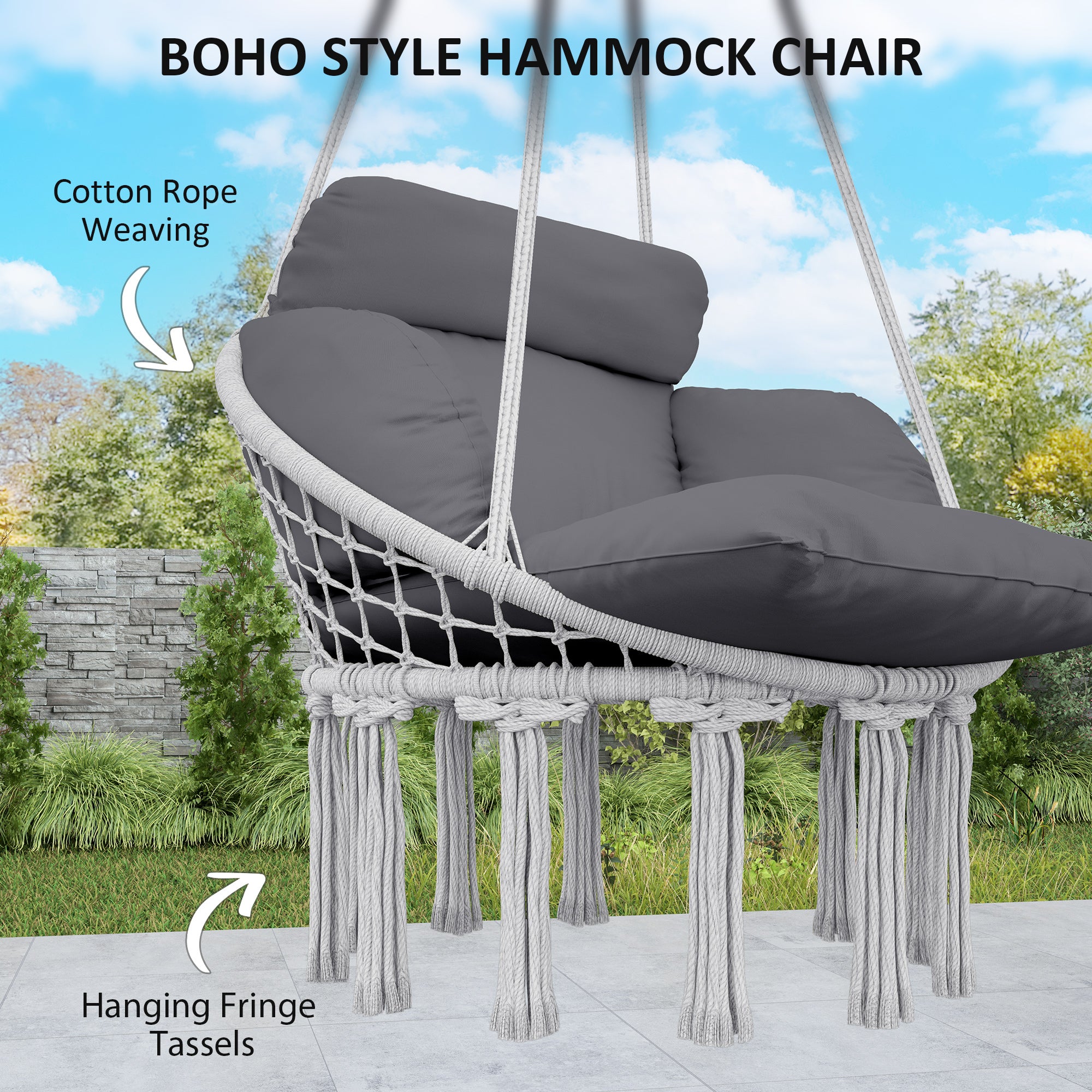 Outsunny Hanging Chair Outdoor Hammock Chair with Soft Cushion, Cotton Rope Boho Style Swing Chair, Hanging Garden Swing Seat for Indoor Outdoor, Dark Grey