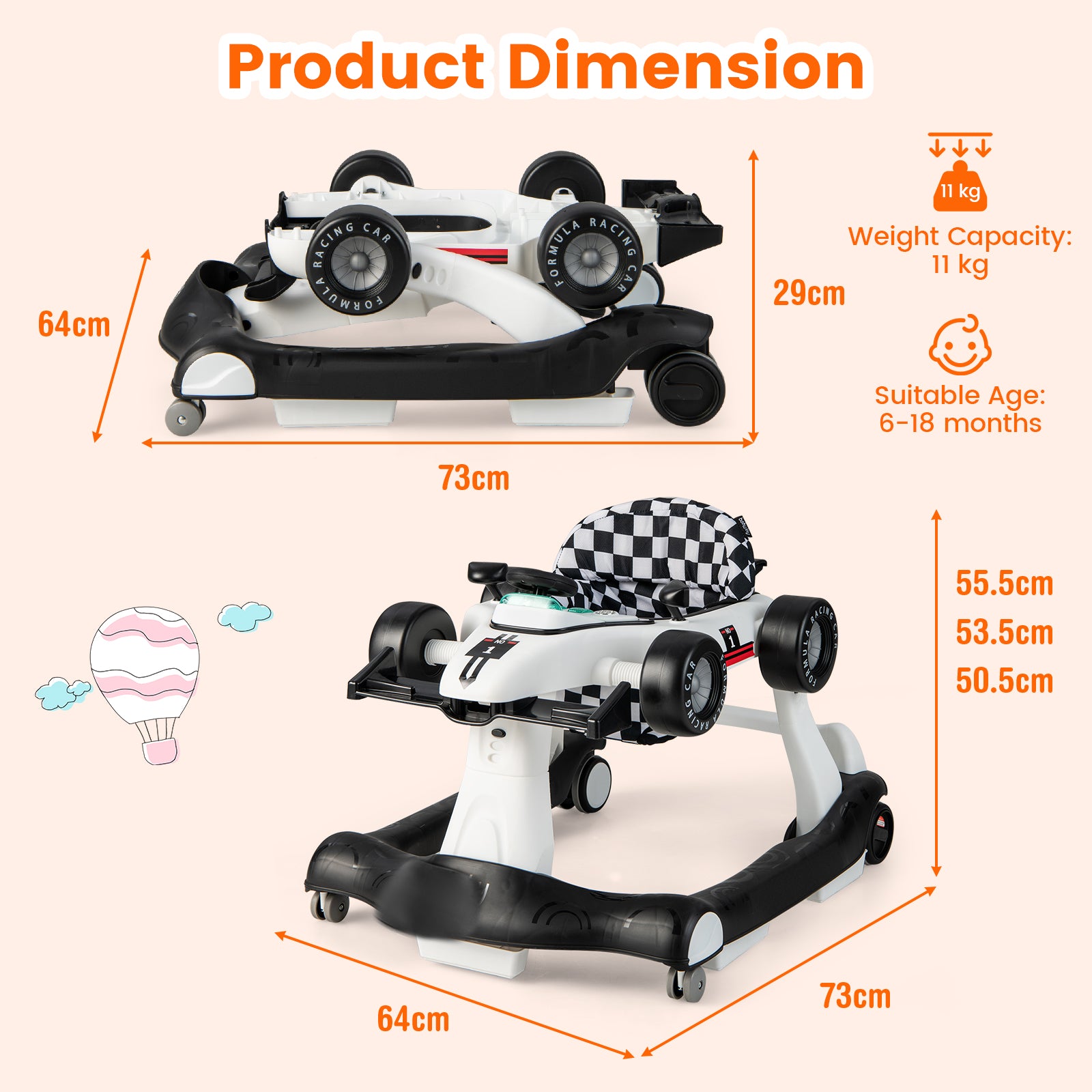 4-in-1 Baby Push Walker with Adjustable Height and Speed-White