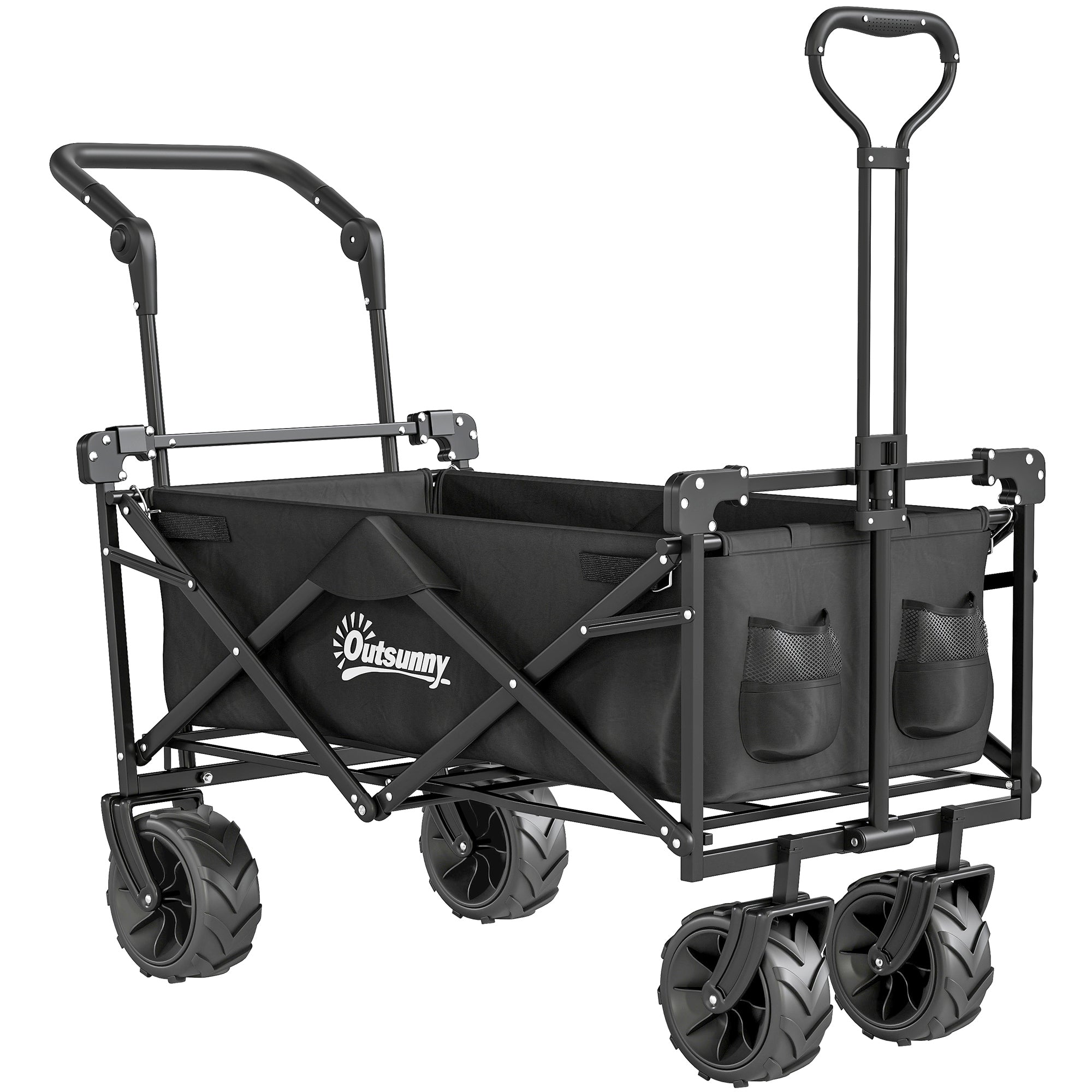 Outsunny Folding Trolley Cart Storage Wagon Beach Trailer 4 Wheels with Handle Overhead Canopy Cart Push Pull for Camping, Black