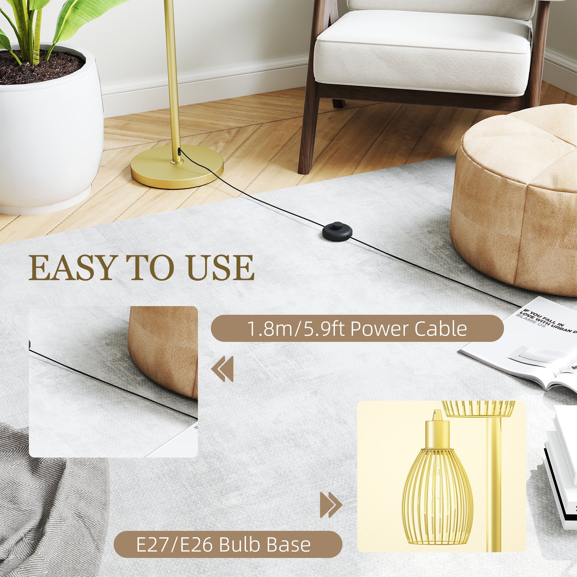 HOMCOM 3-Light Floor Lamp, 170cm Industrial Dimmable Standing Lamp with Steel Wire Cage Lampshades for Living Room, Bedroom, Dining Room, Study, Gold Tone