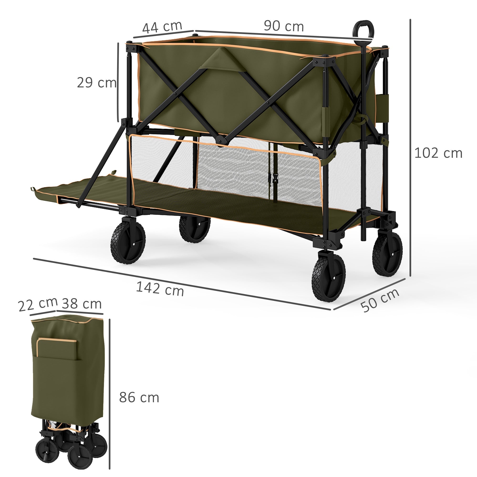 Outsunny Double Decker Folding Festival Trolley on Wheels, 200KG & 350L Capacity Collapsible Wagon Festival Trolley Cart with 134cm Extended for Camping Sports Shopping Garden and Beach, Grey