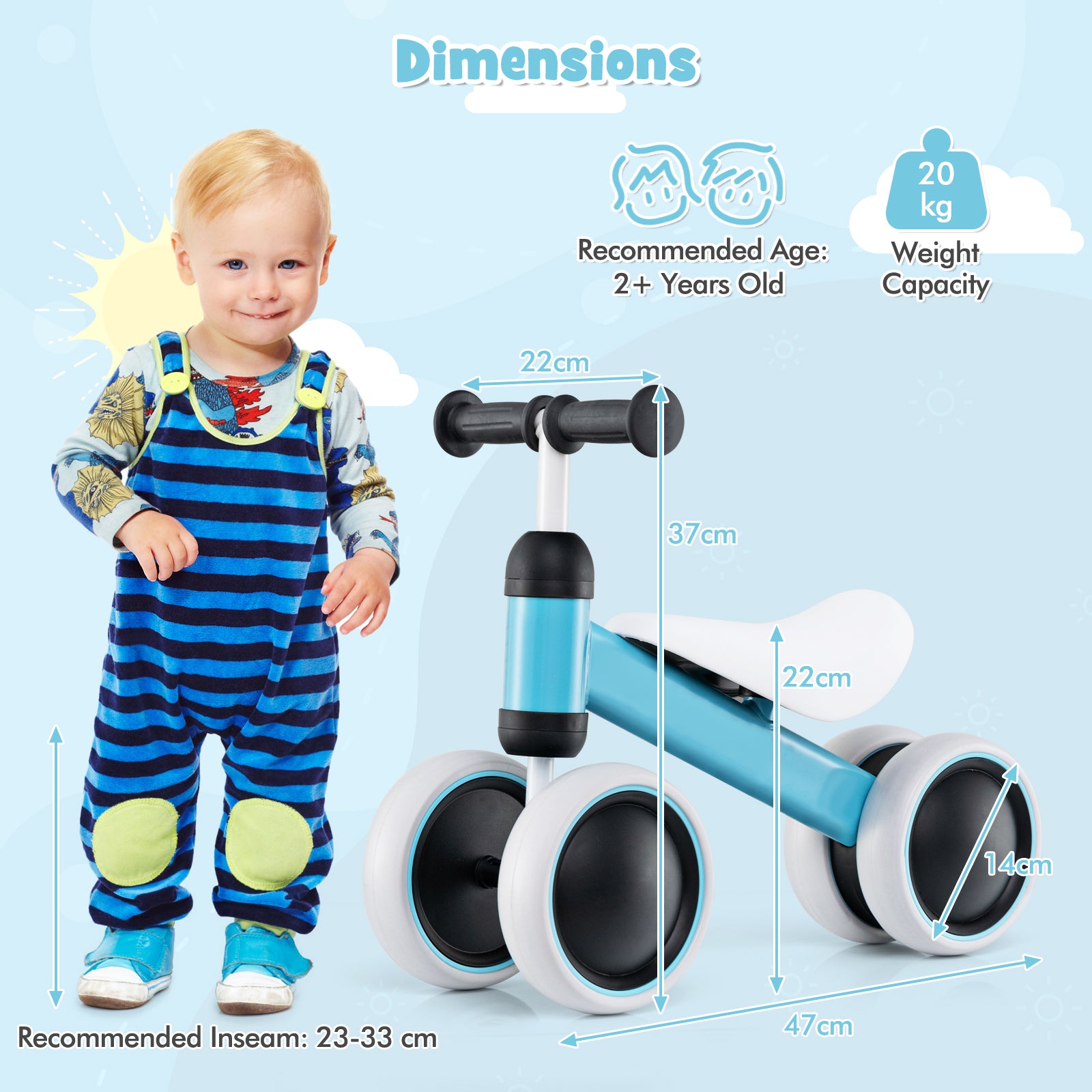 No Pedal Baby 4 Wheels Balance Bike with Non-slip Handlerbar-Blue