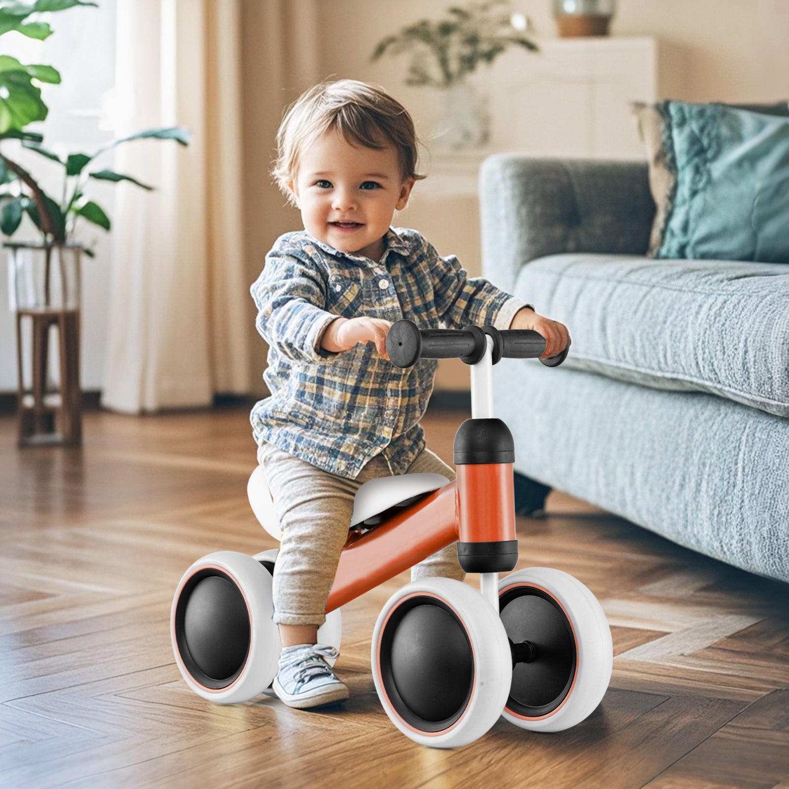 No Pedal Baby 4 Wheels Balance Bike with Non-slip Handlerbar-Orange