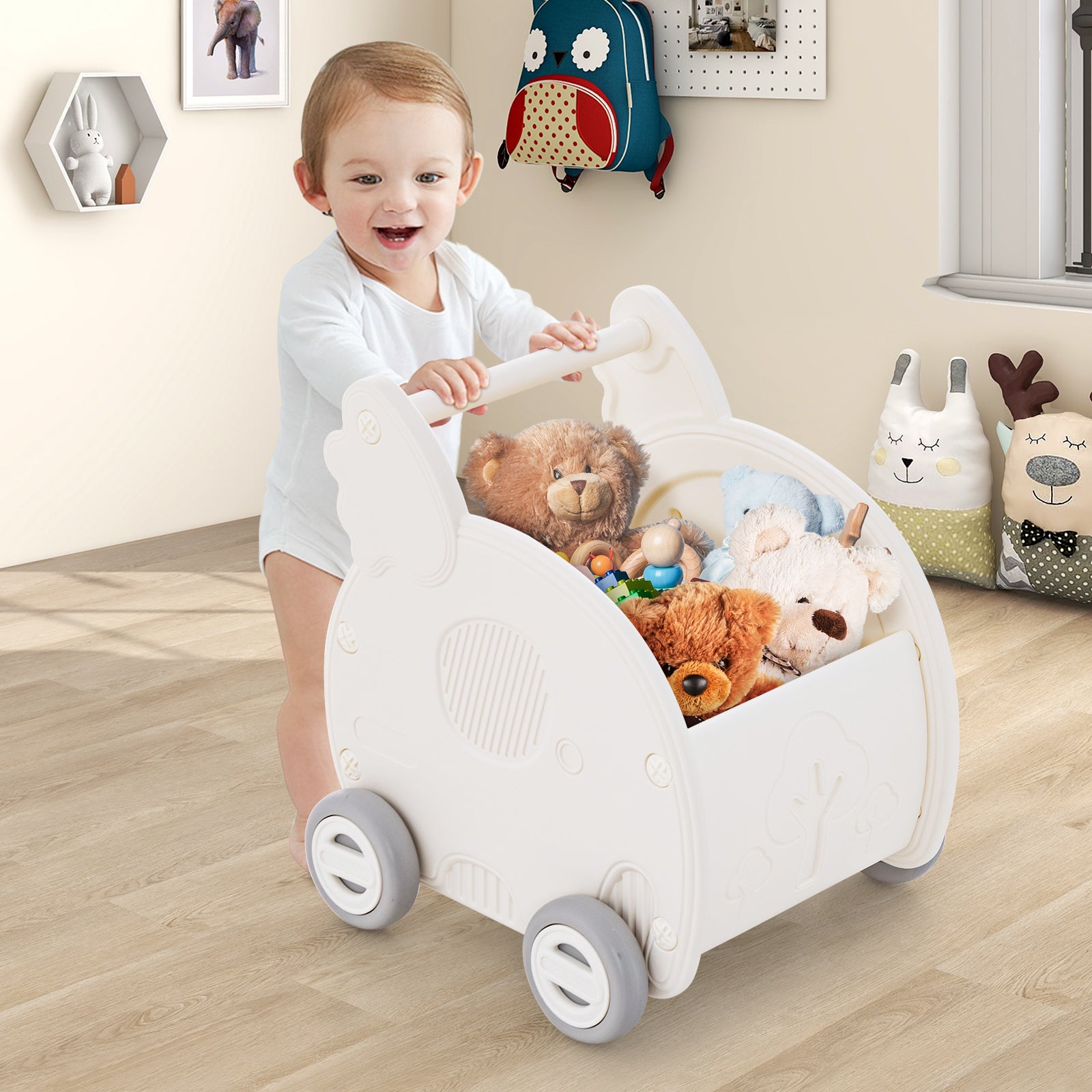 Baby Walker Push Toy 4-Wheel Toddler Toy Cart Elephant Shape-White
