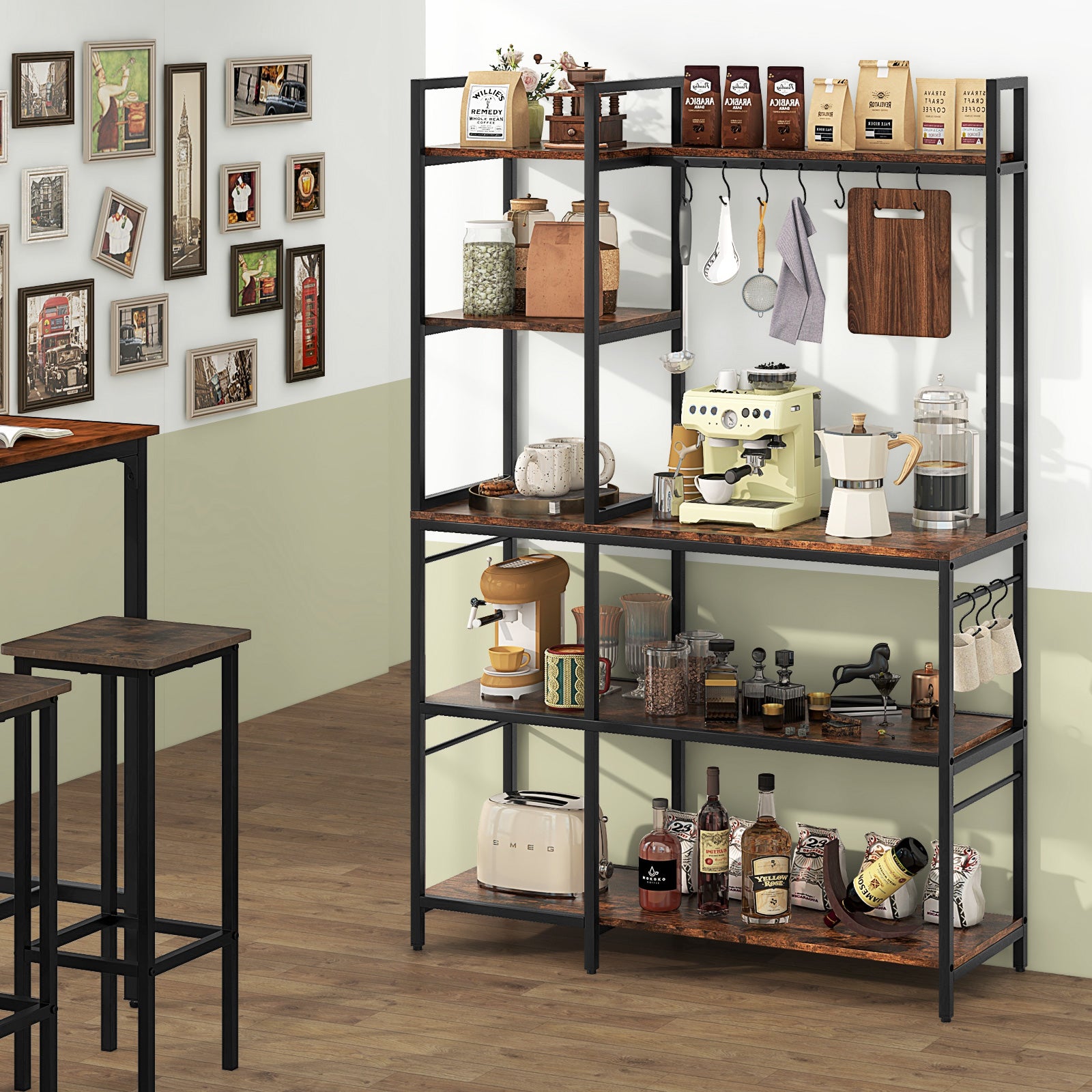 Bakers Rack with Power Outlets and 10 S-Shaped Hooks-Coffee