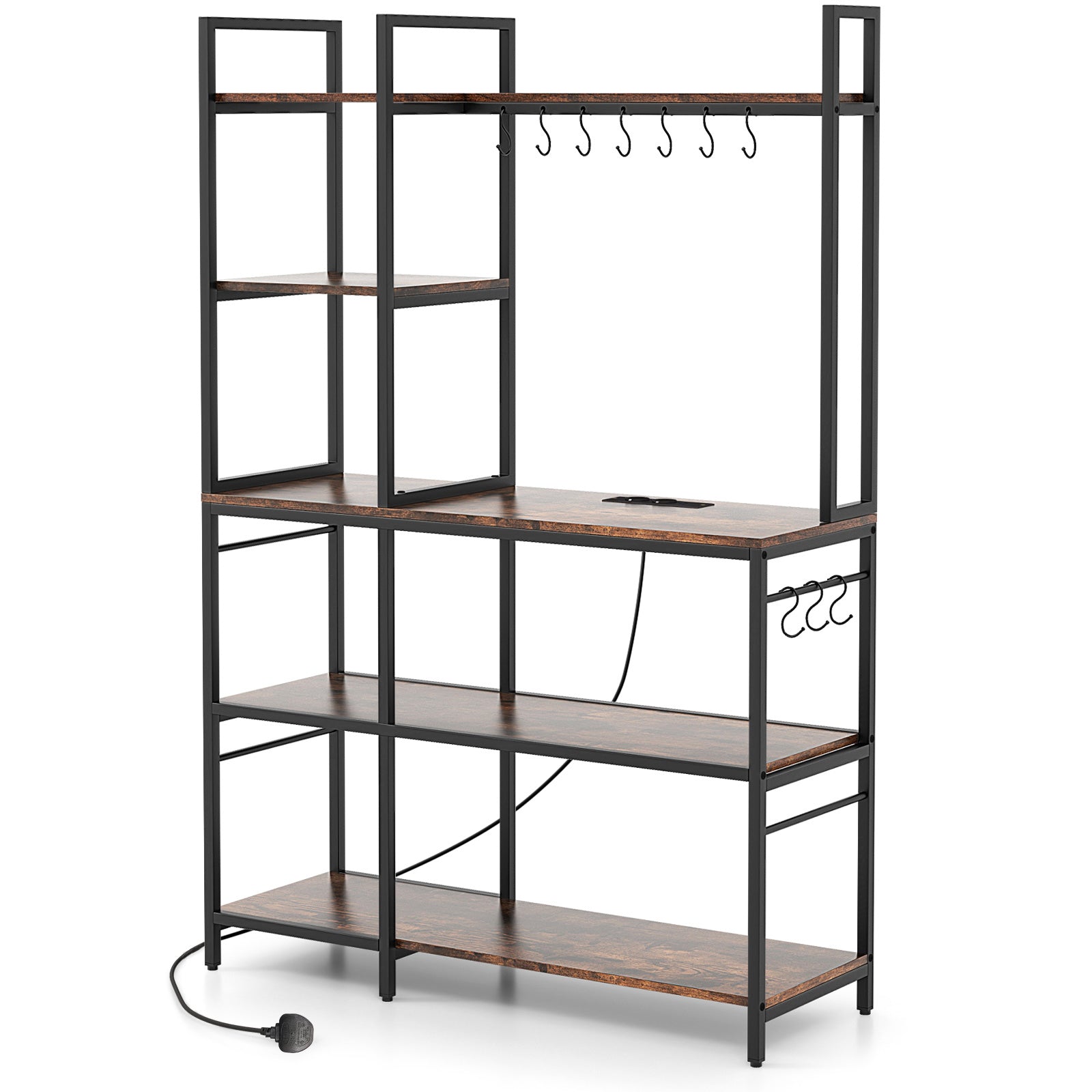 Bakers Rack with Power Outlets and 10 S-Shaped Hooks-Coffee