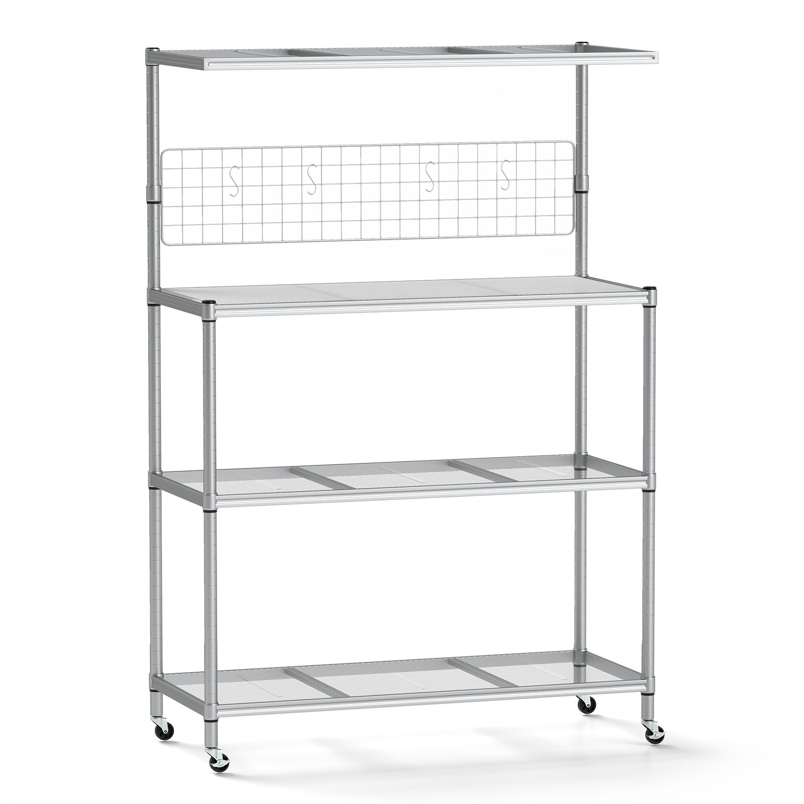 Bakers Rack on Wheels with Adjustable Shelves and Shelf Liner-Silver