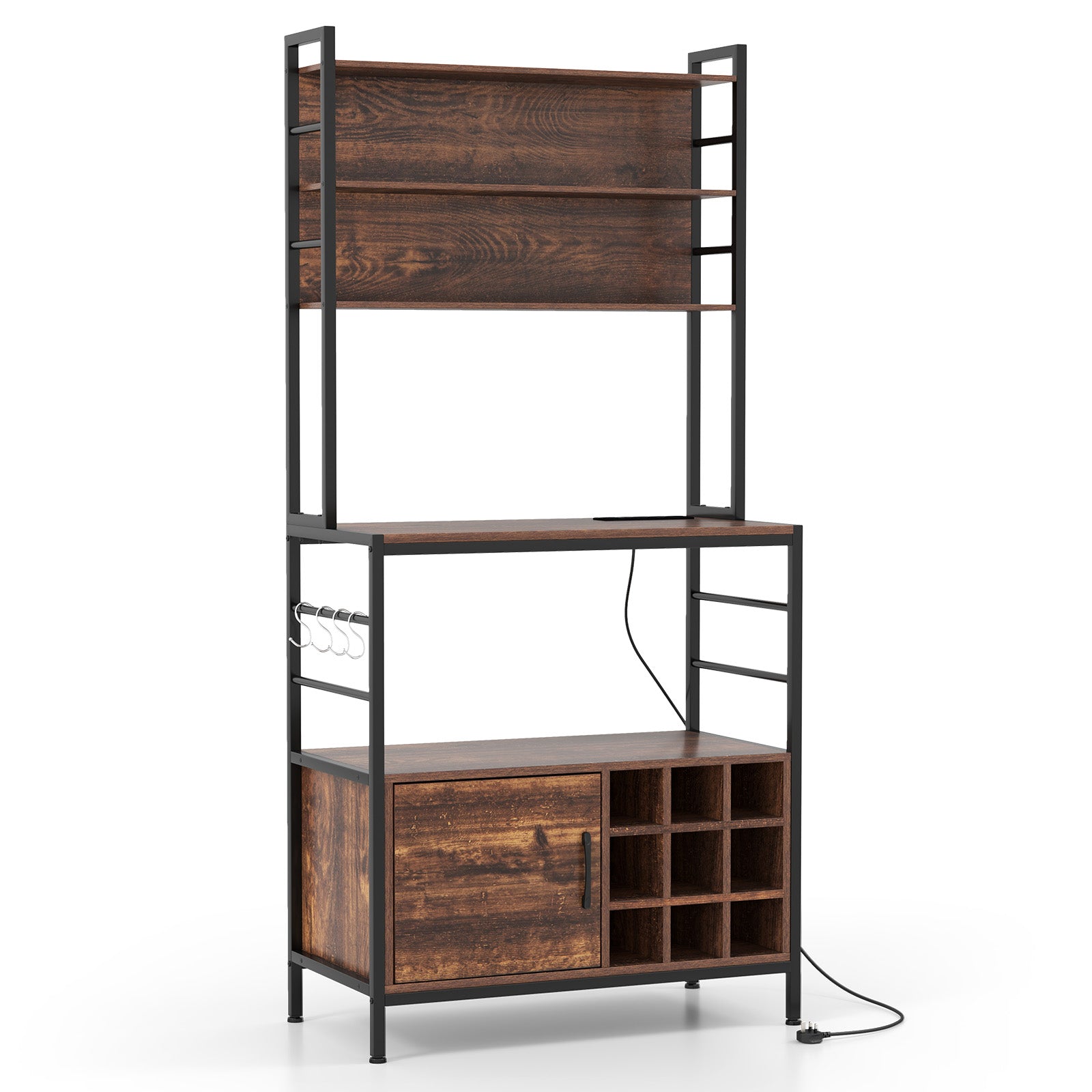 Bakers Rack with Power Outlet and Heavy-Duty Metal Frame-Reddish Brown