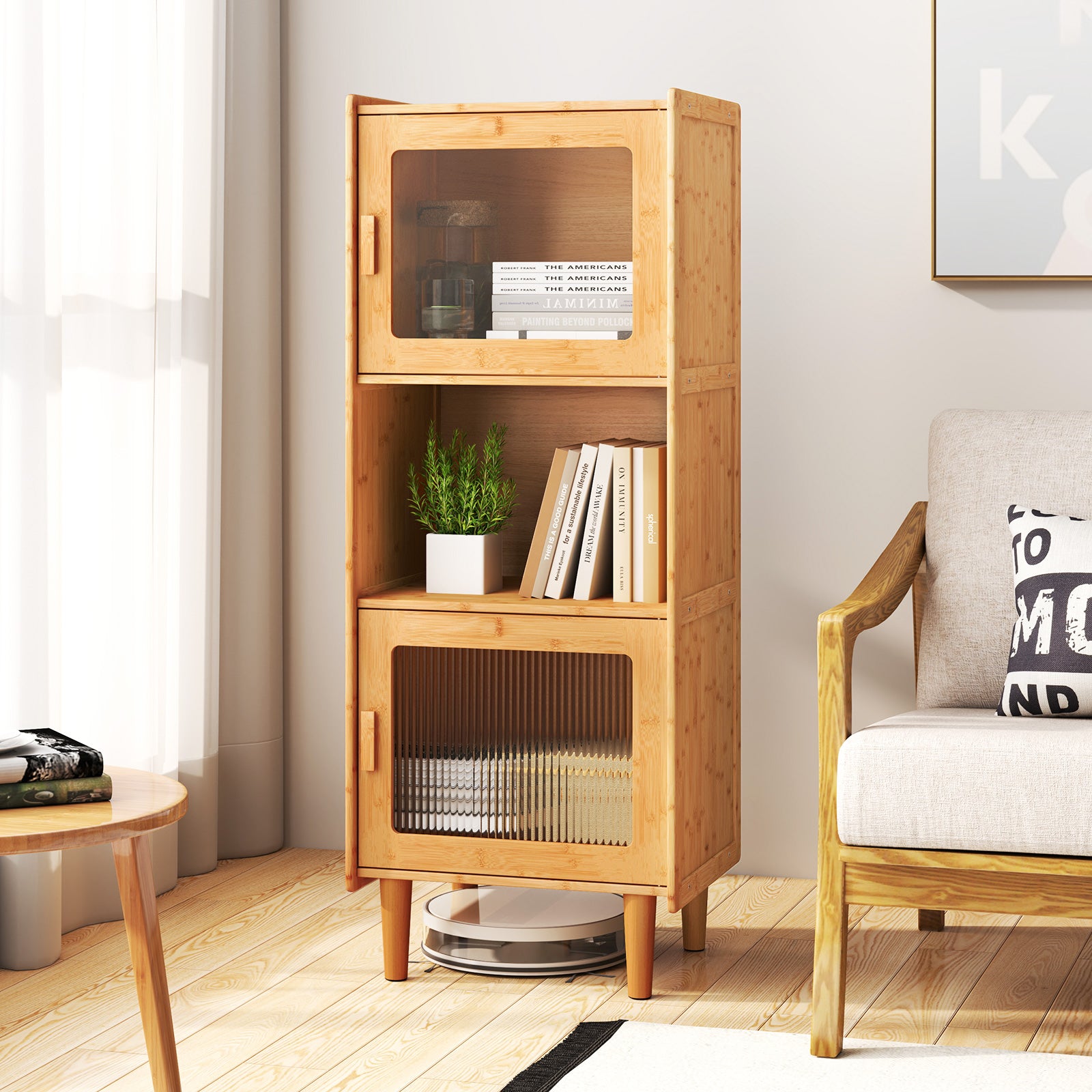 3-Cube Bamboo Cabinet with Open Compartment and 2 Acrylic Doors-Natural