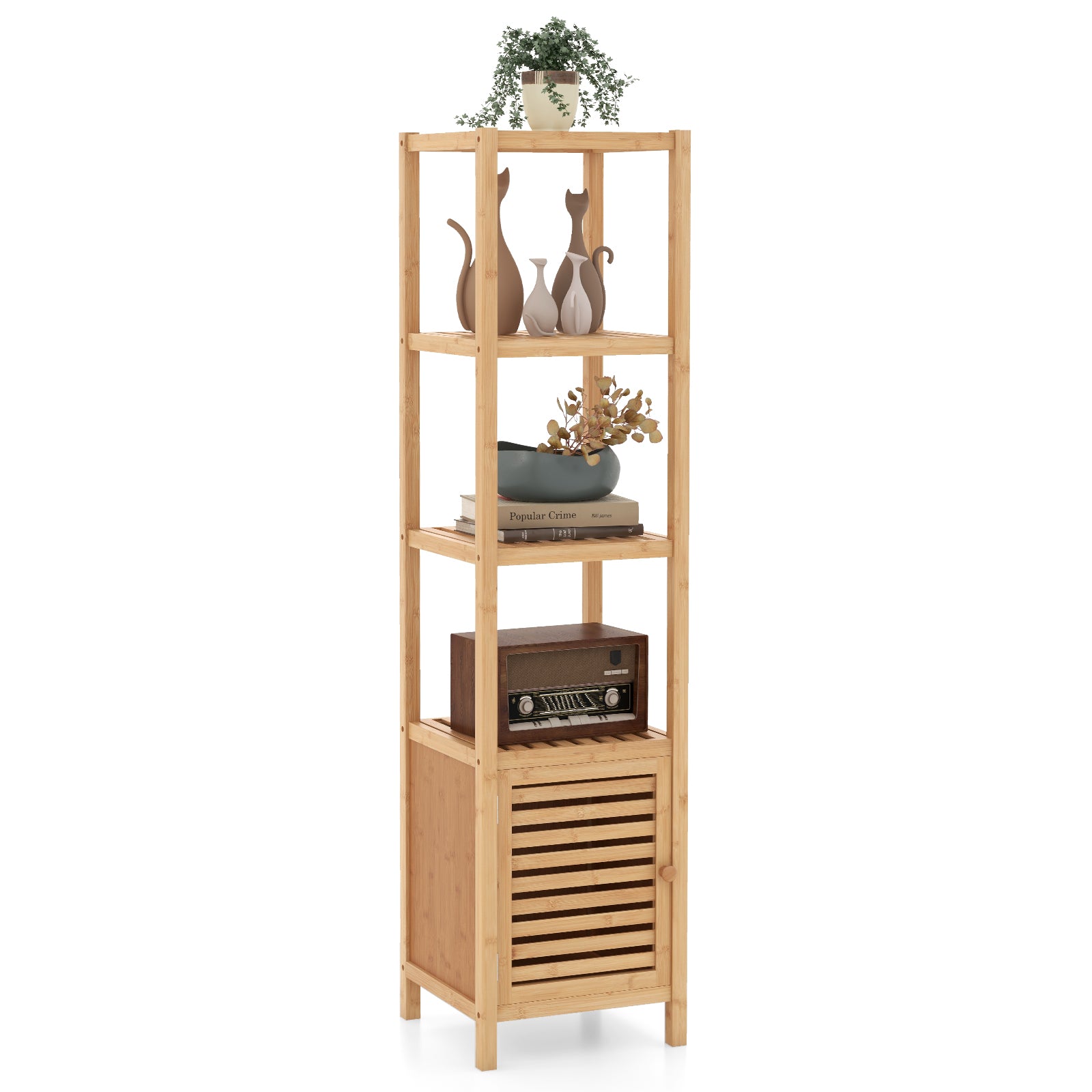 Bamboo Floor Storage Cabinet with Shuttered Door-Natural