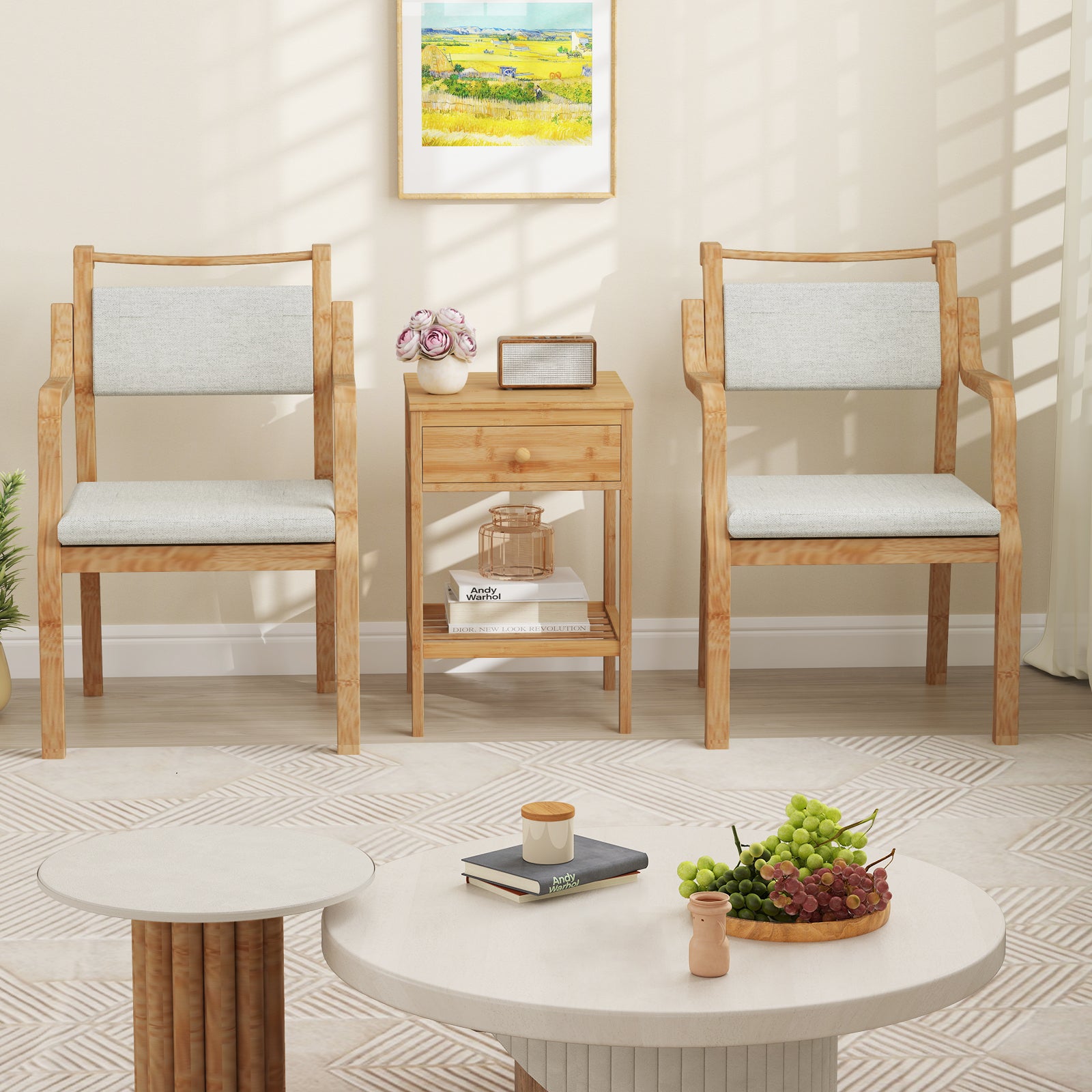 Bamboo Nightstand Set of 2 with Storage Drawer and Open Shelf-Natural-2 Pieces