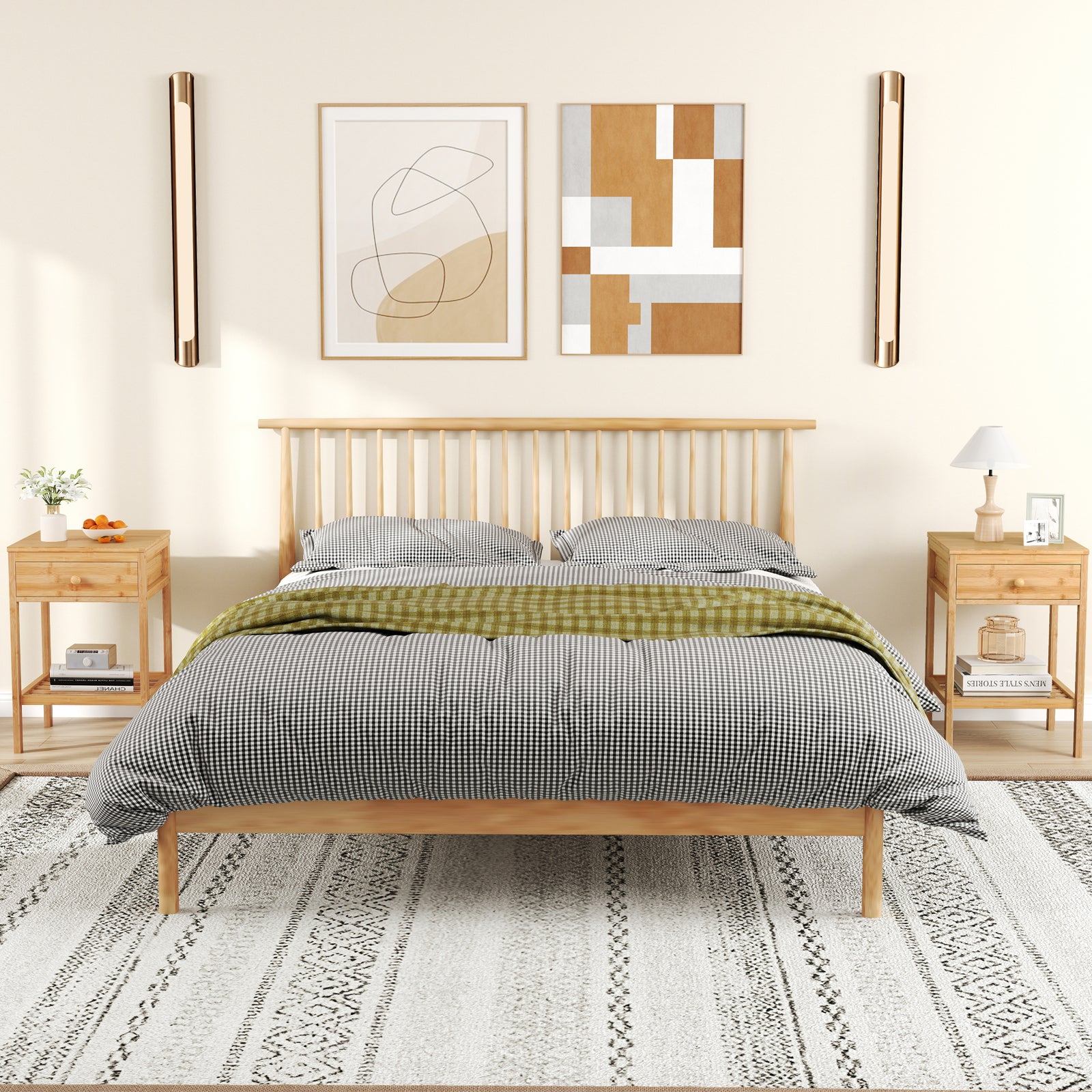 Bamboo Nightstand Set of 2 with Storage Drawer and Open Shelf-Natural-2 Pieces