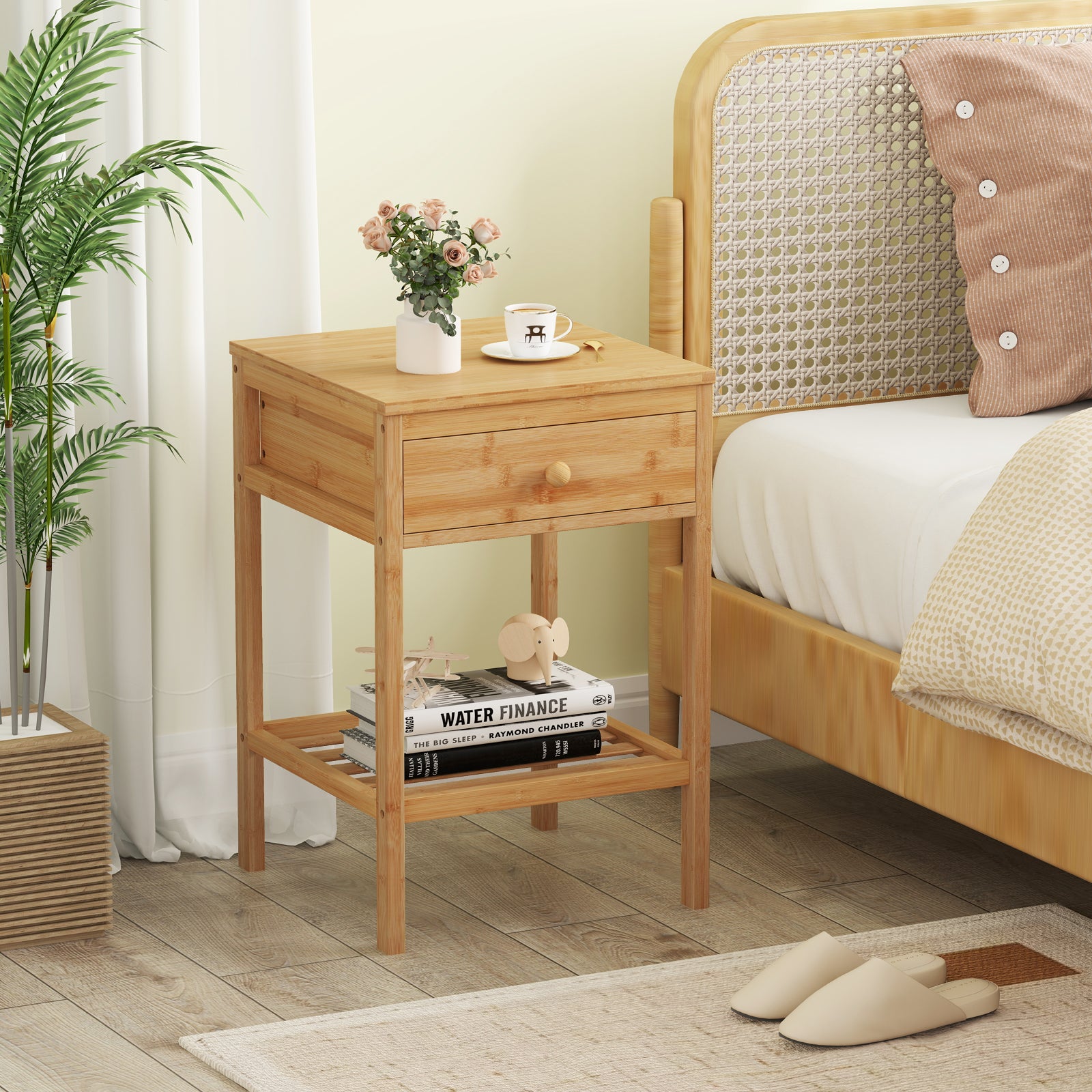 Bamboo Nightstand Set of 2 with Storage Drawer and Open Shelf-Natural-2 Pieces