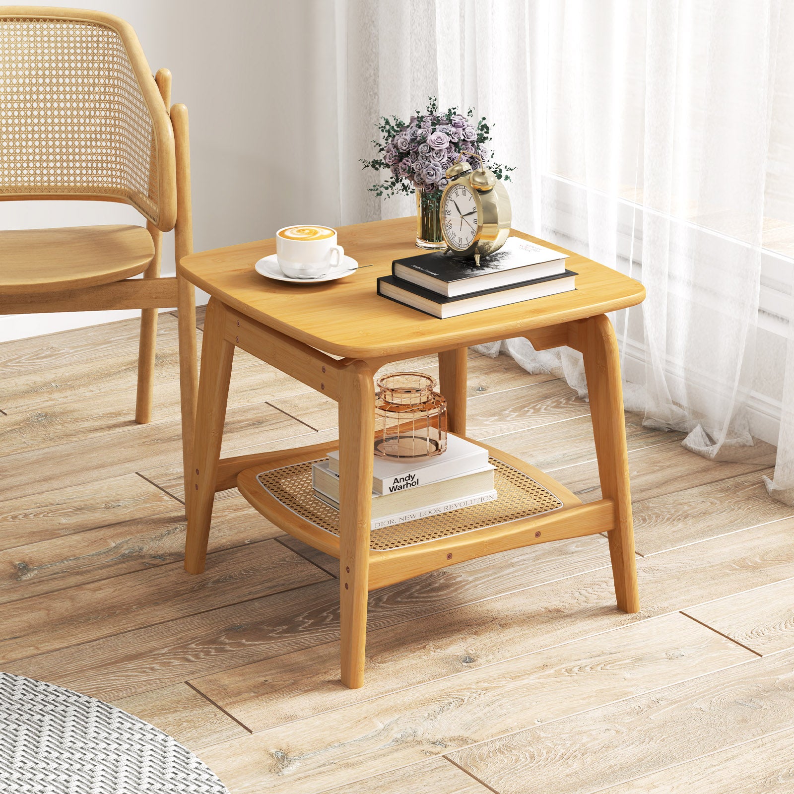 Bamboo Sofa Side Table with Faux Rattan Storage Shelf-Natural