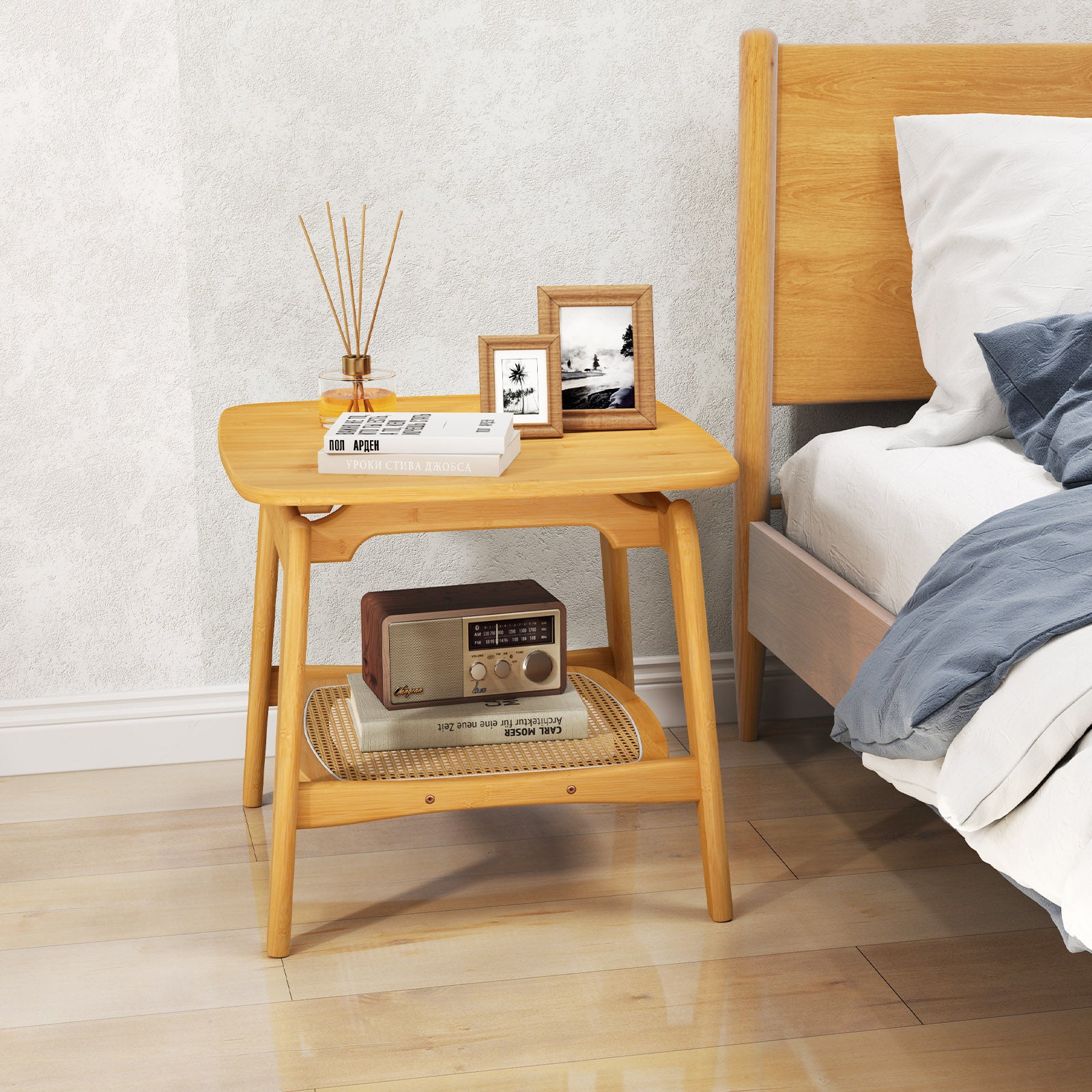 Bamboo Sofa Side Table with Faux Rattan Storage Shelf-Natural