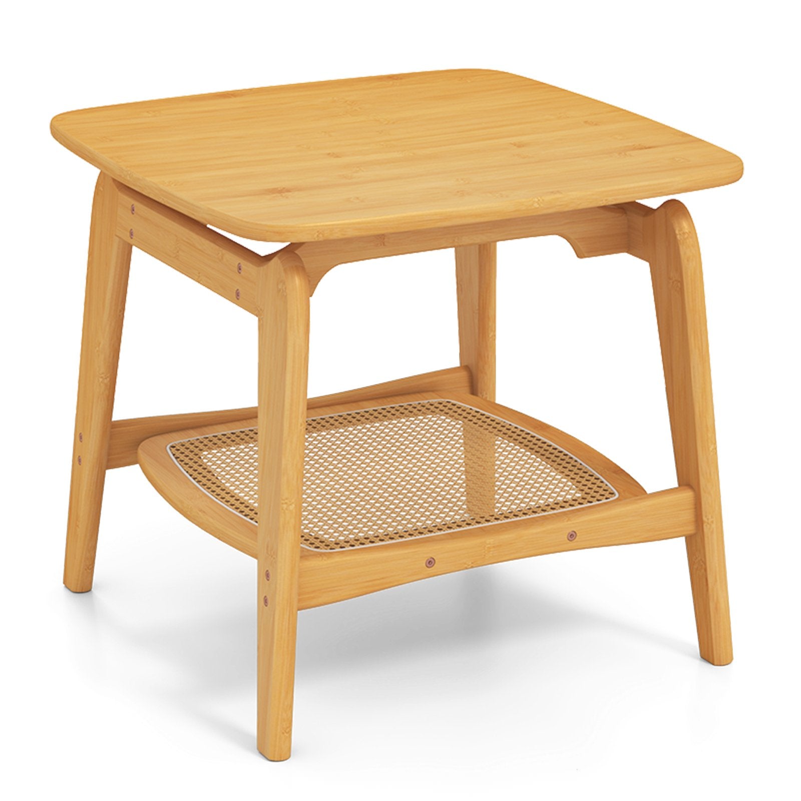 Bamboo Sofa Side Table with Faux Rattan Storage Shelf-Natural