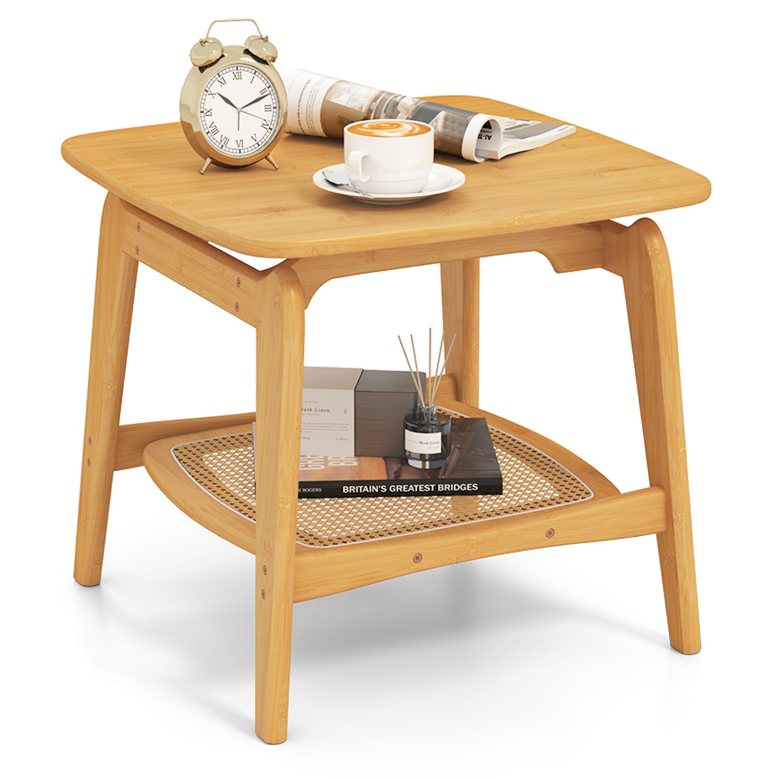 Bamboo Sofa Side Table with Faux Rattan Storage Shelf-Natural