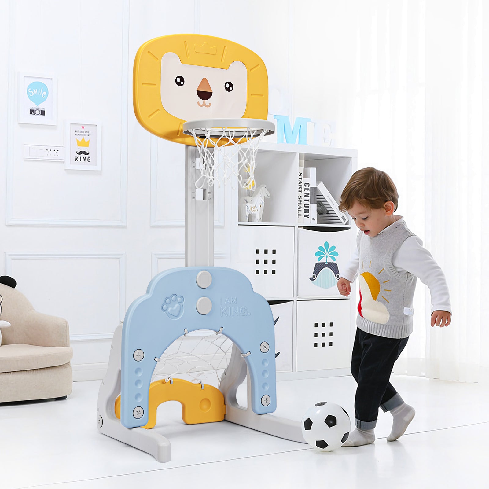 3-in-1 Basketball Hoop Set Stand with 5 Adjustable Height Levels-Yellow