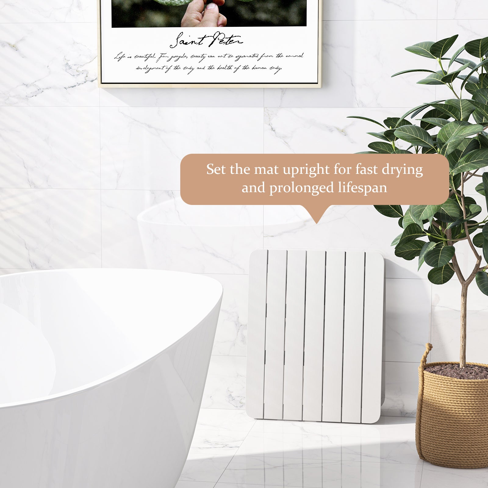 60 x 48 cm Bath Mat for Shower with Non Slip Foot Pads-White